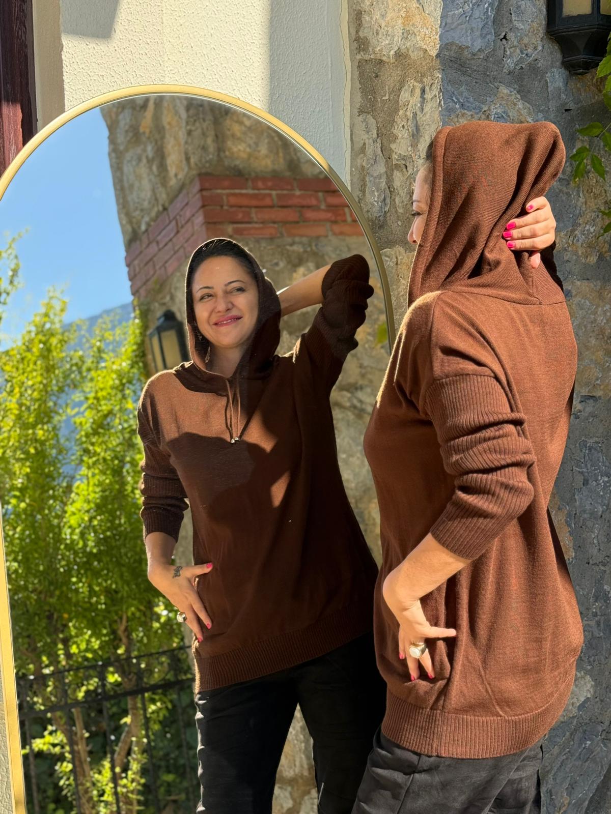 MT3096 Kapüşonlu Cepli Triko Sweatshirt Kahverengi