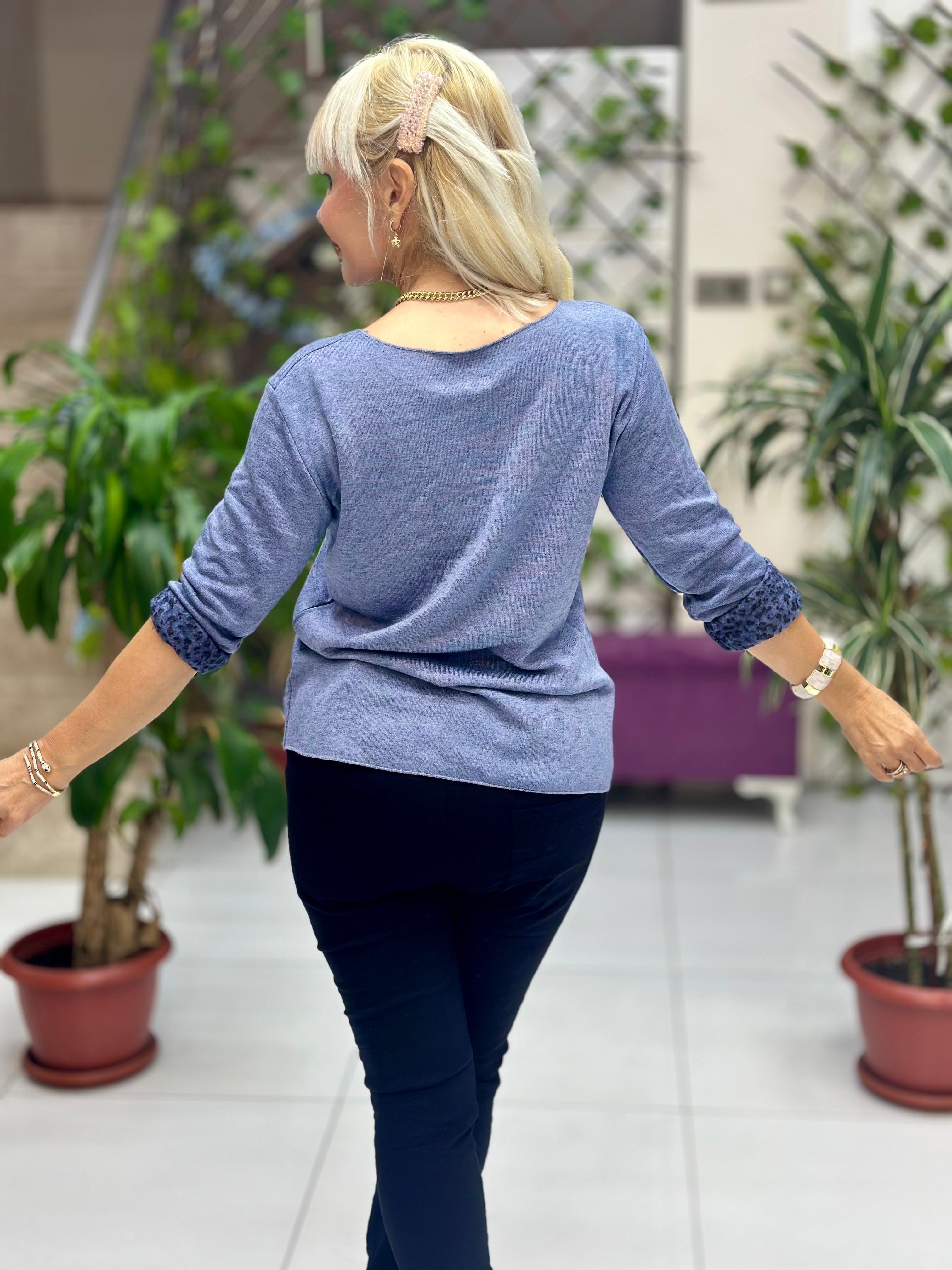 NC1202 İçi Leoparlı Yuvarlak Yaka Triko Küçük Kalıp Bluz Mavi