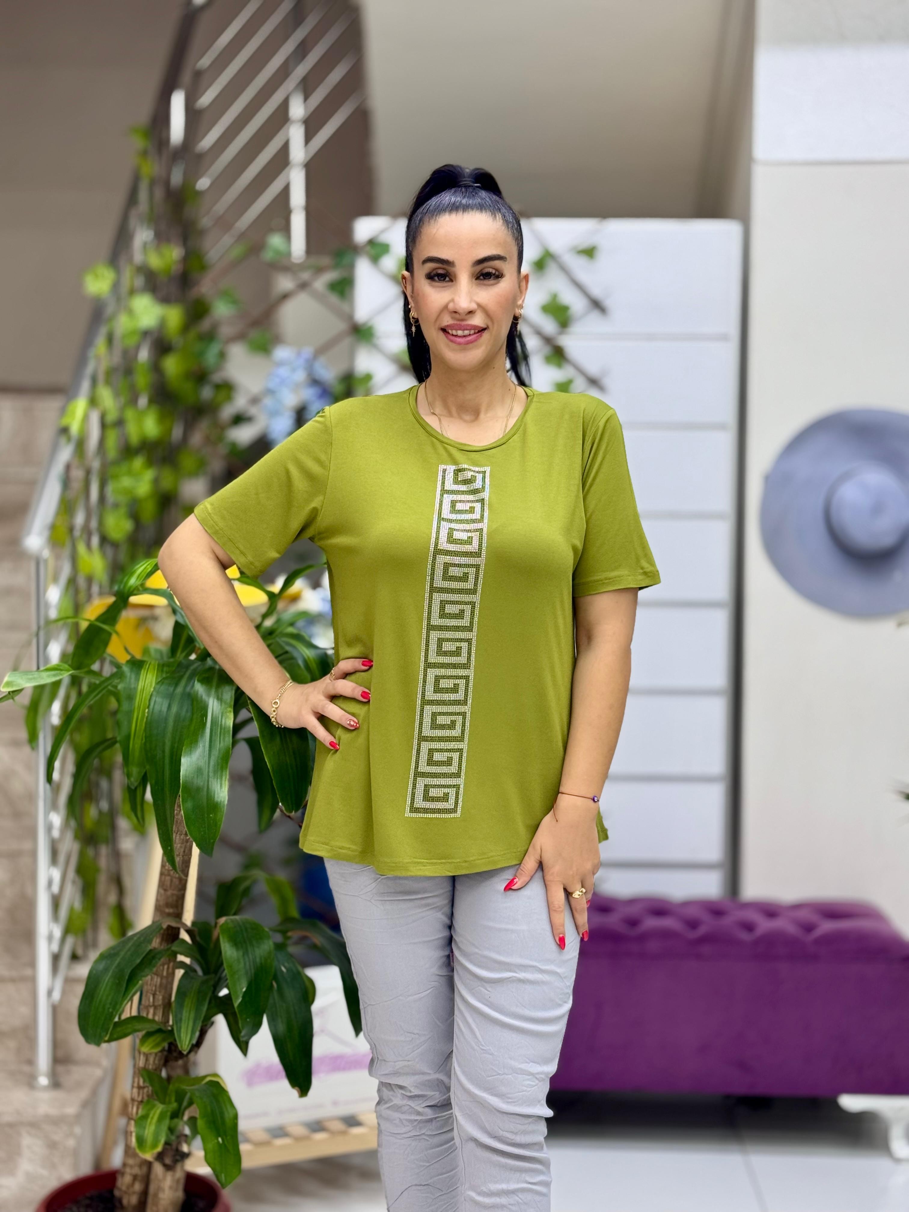 MS4222 Şerit Desenli  Penye Bluz Yeşil