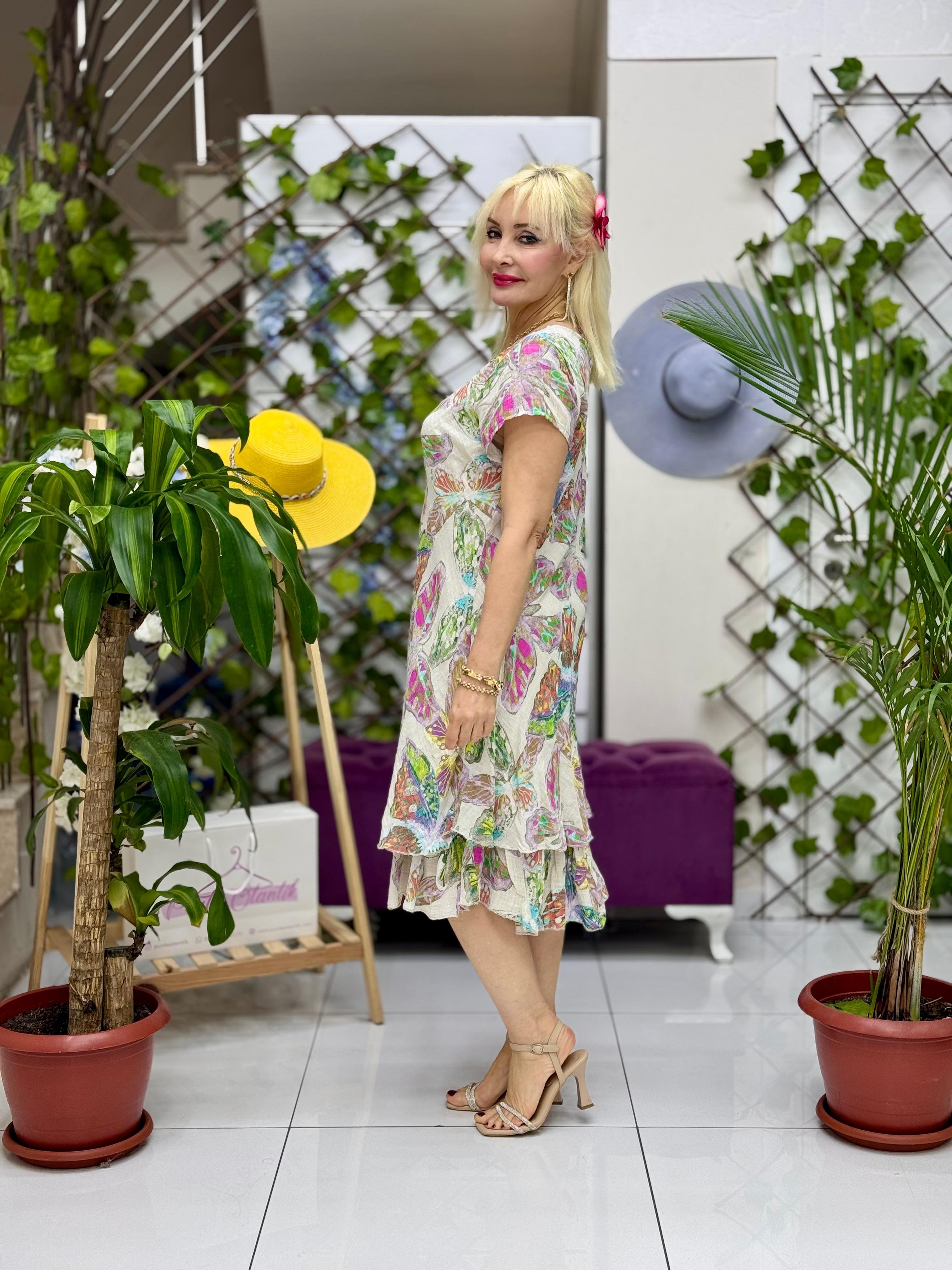 N5012-26 Vestido Italiano Manga Corta Algodón Lino Azul