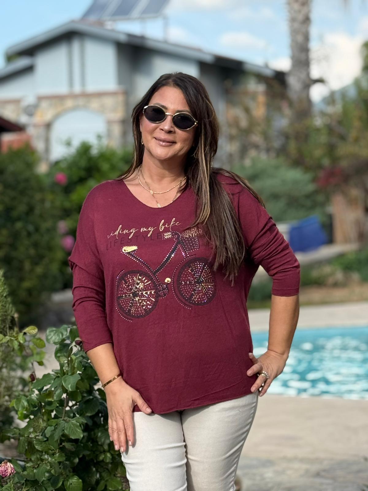 YG1095 V Yaka Bisiklet Baskılı İtalyan Triko Bluz Bordo