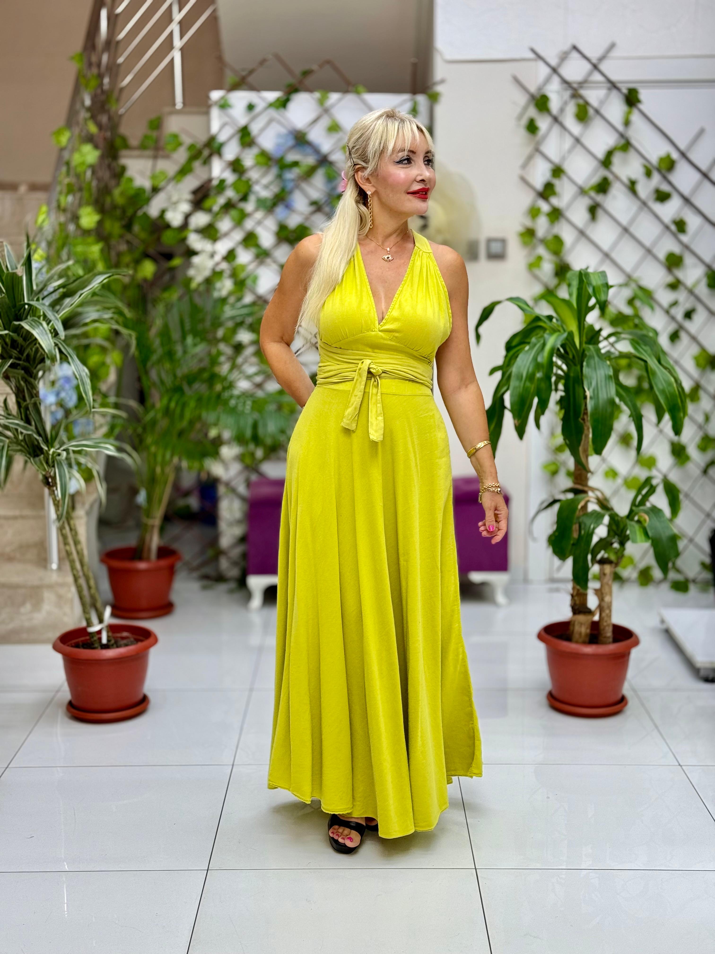 PT25071 Omuz Bağlamalı Belden Kuşaklı Sırtı Açık Coton Elbise Fıstık