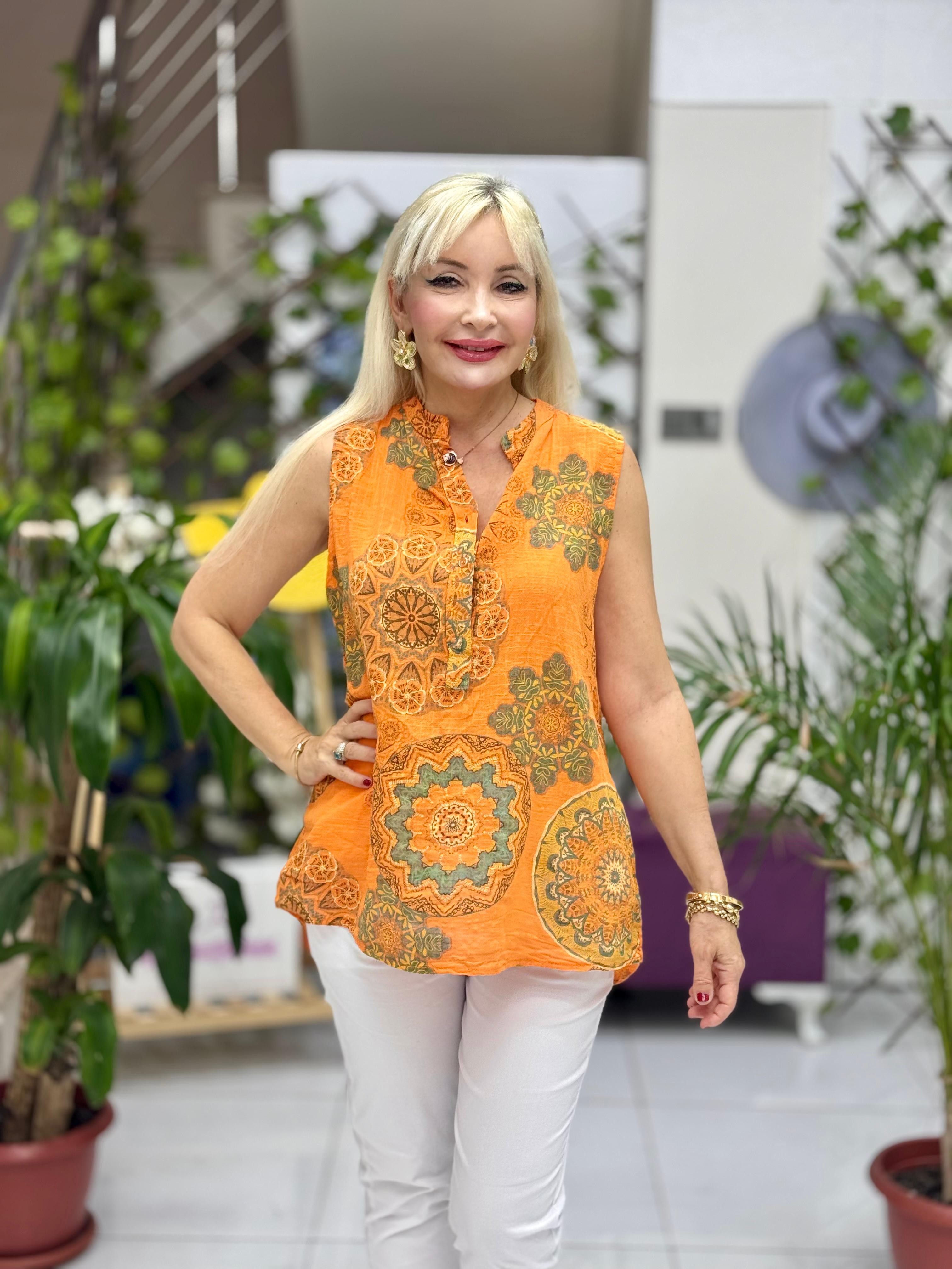 NC8220 İtalyan Kolsuz Pamukketen Bluz Oranj