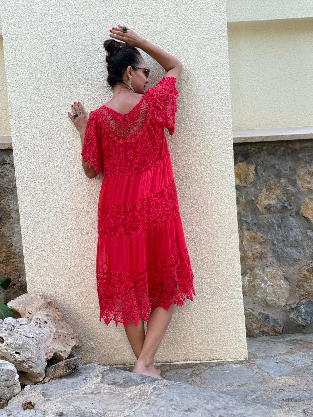 NCC10337 İtalyan İpek Elbise kırmızı