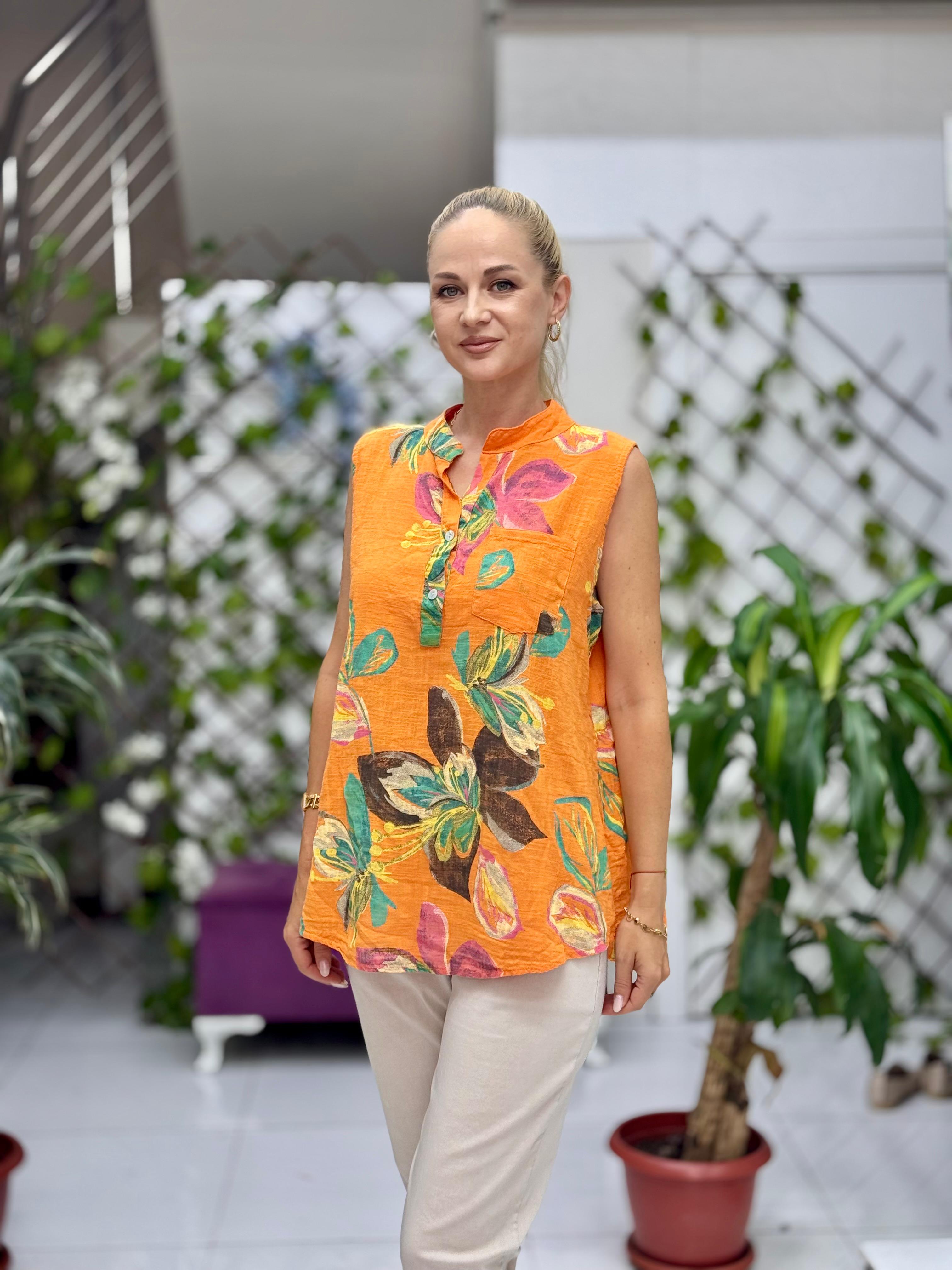 LS8819B Kolsuz Pamukketen Cepli İtalyan Bluz Oranj