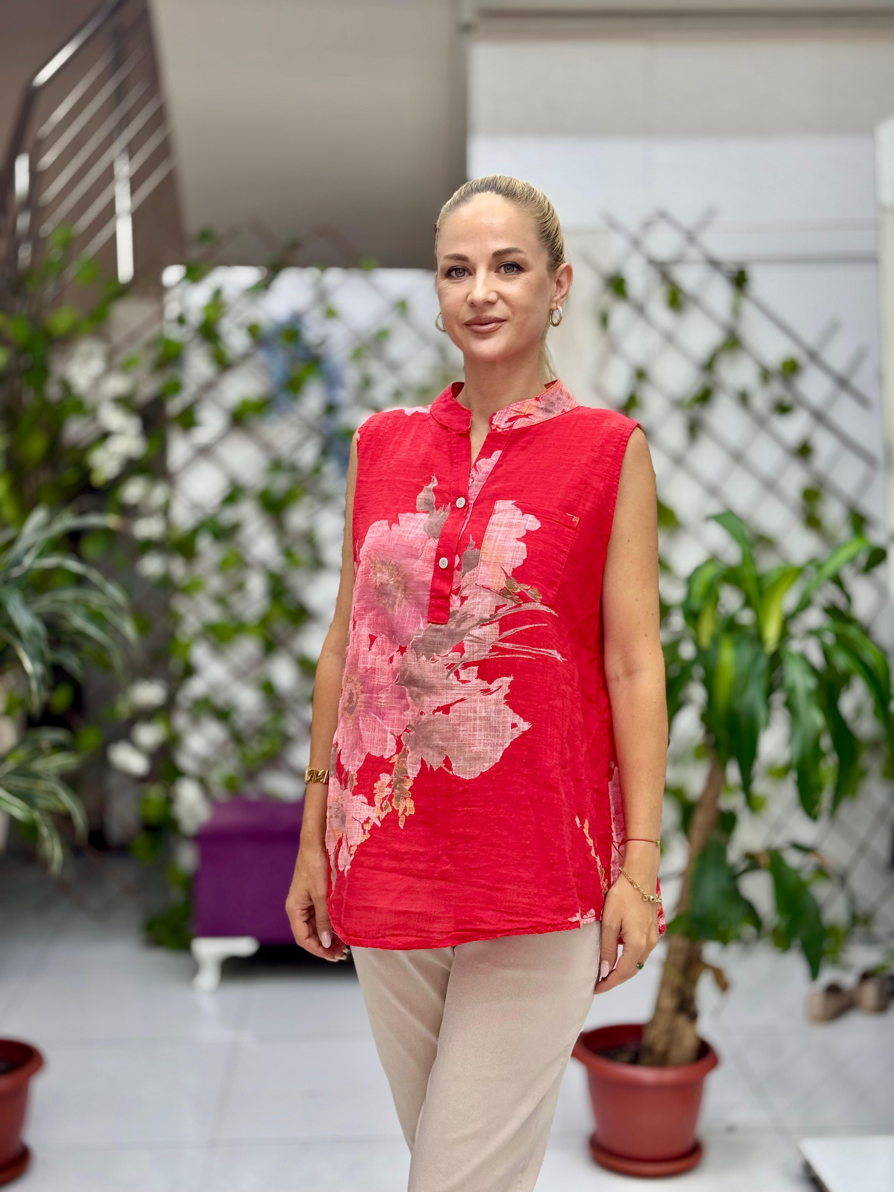 LS8819A Kolsuz Pamukketen Cepli İtalyan Bluz Kırmızı