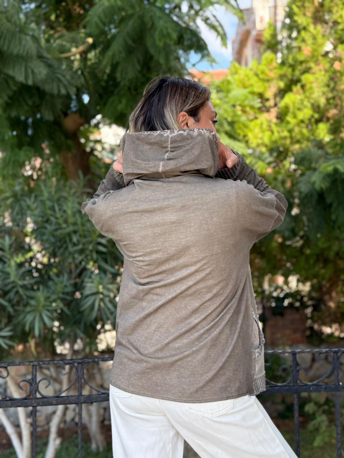 NC53050D İtalyan Yazı Baskılı Cepli Kapüşonlu Coton Sweatshirt Vizon