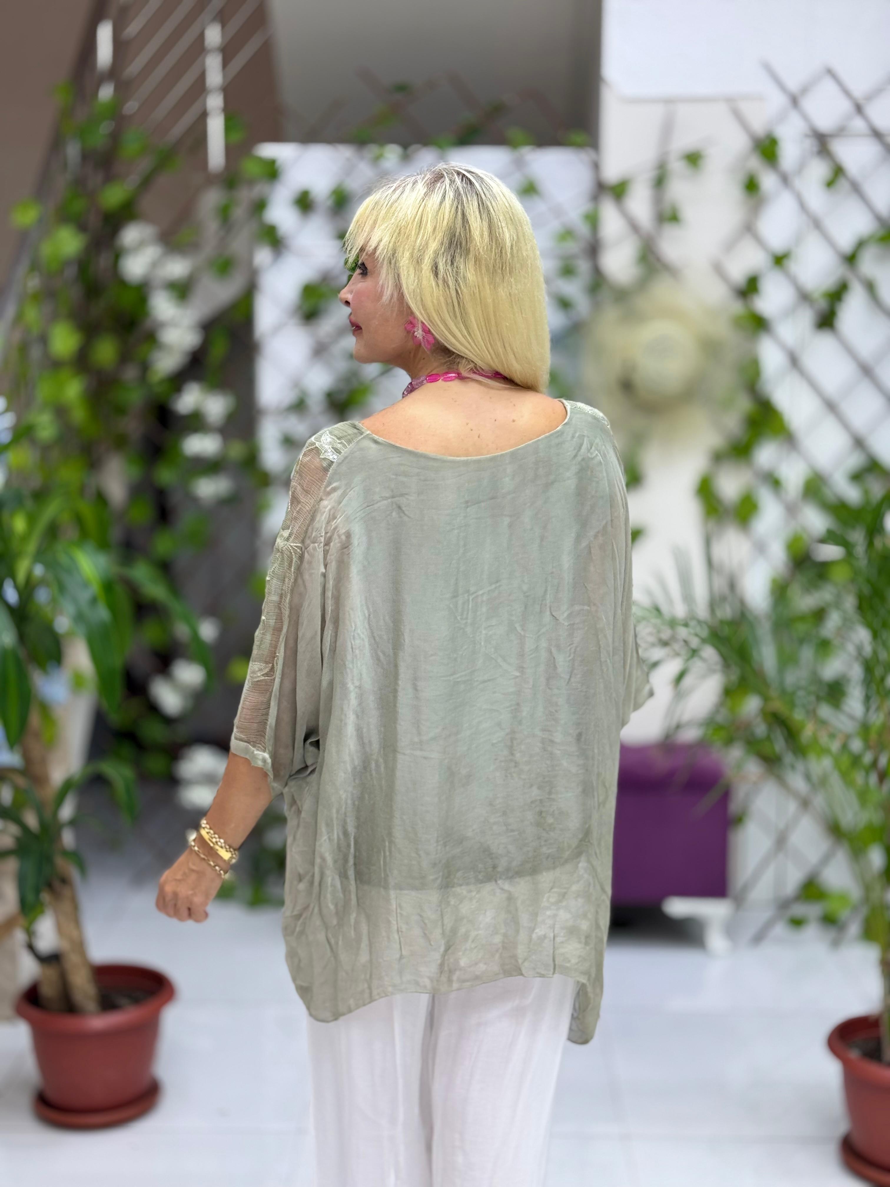 NC66893 İtalyan Pul Payetli İpek Bluz Haki