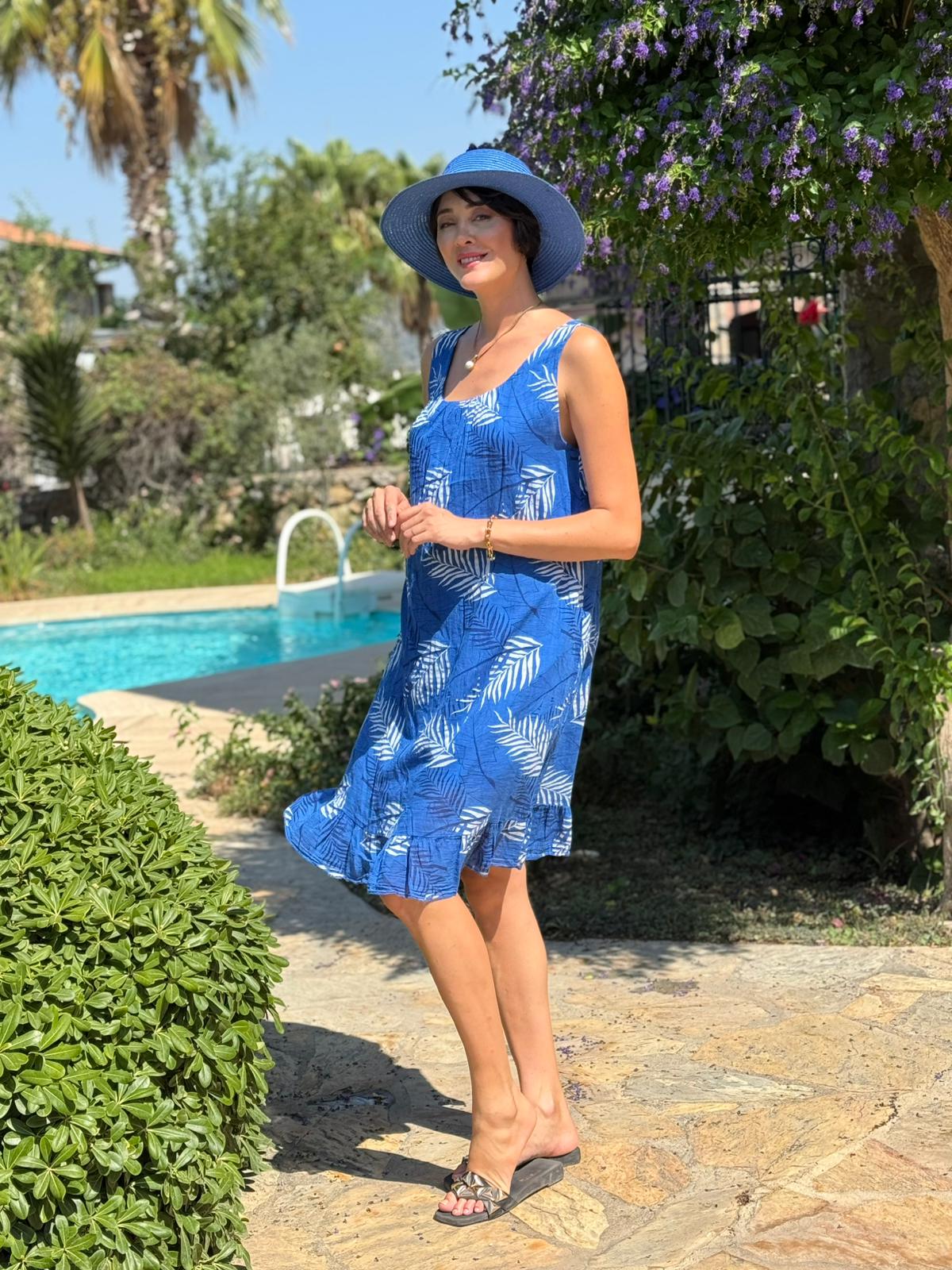 YG205070 İtalyan Yaprak Desen Coton Elbise Saks