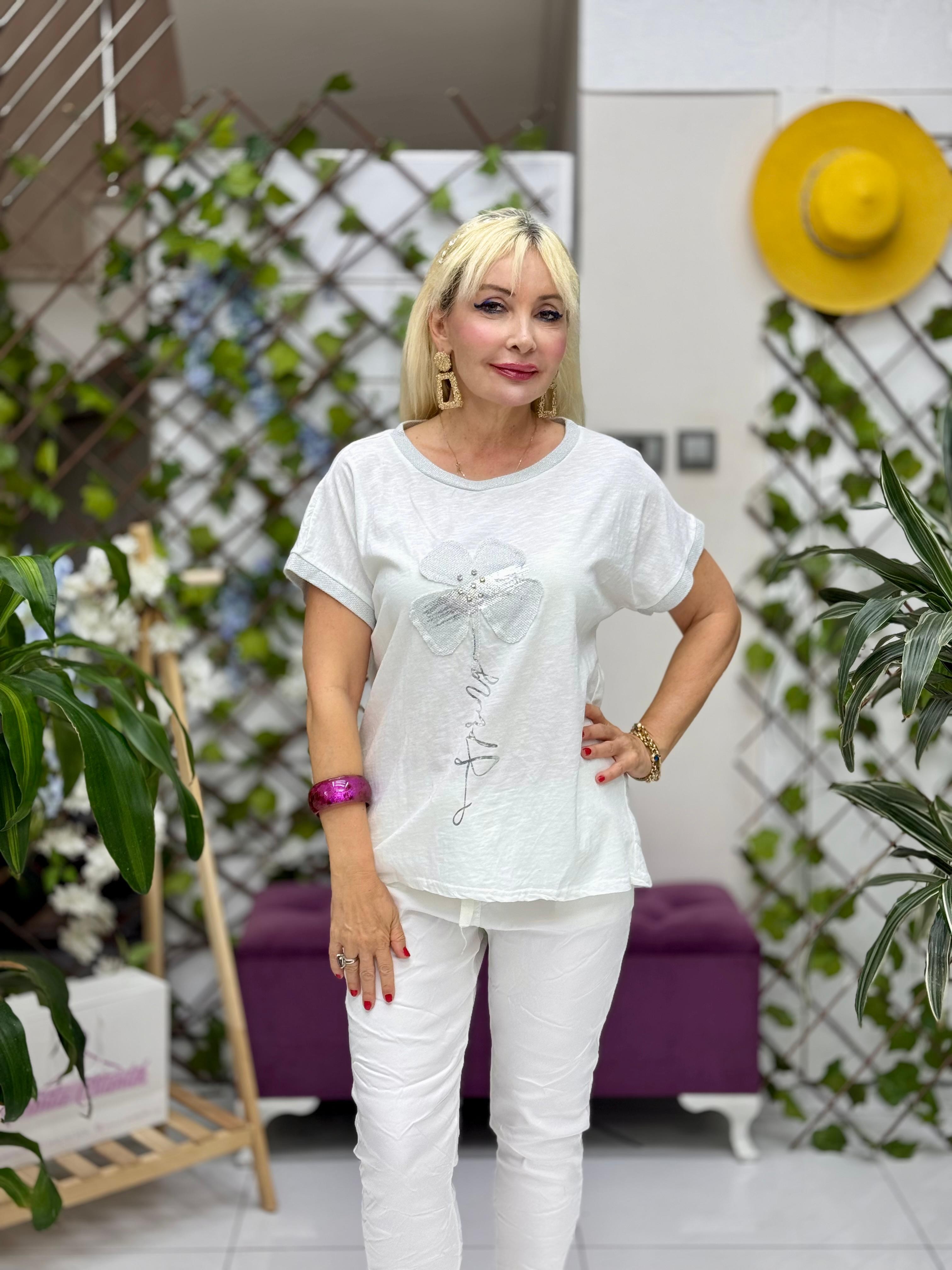 NC41760 İtalyan Yarım Kol Çiçekli Coton Bluz Beyaz