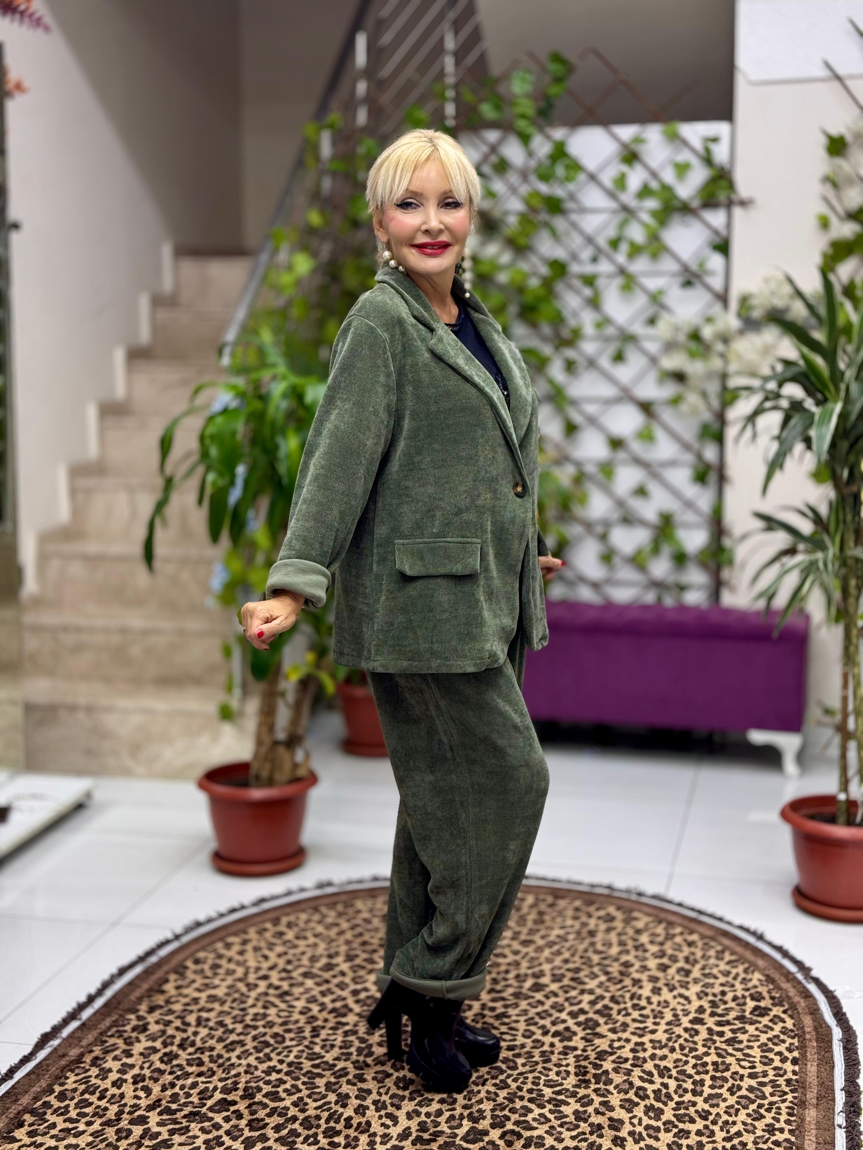 YG683089 Tek Düğme İtalyan Ceket Pantolon Kadife Takım Haki