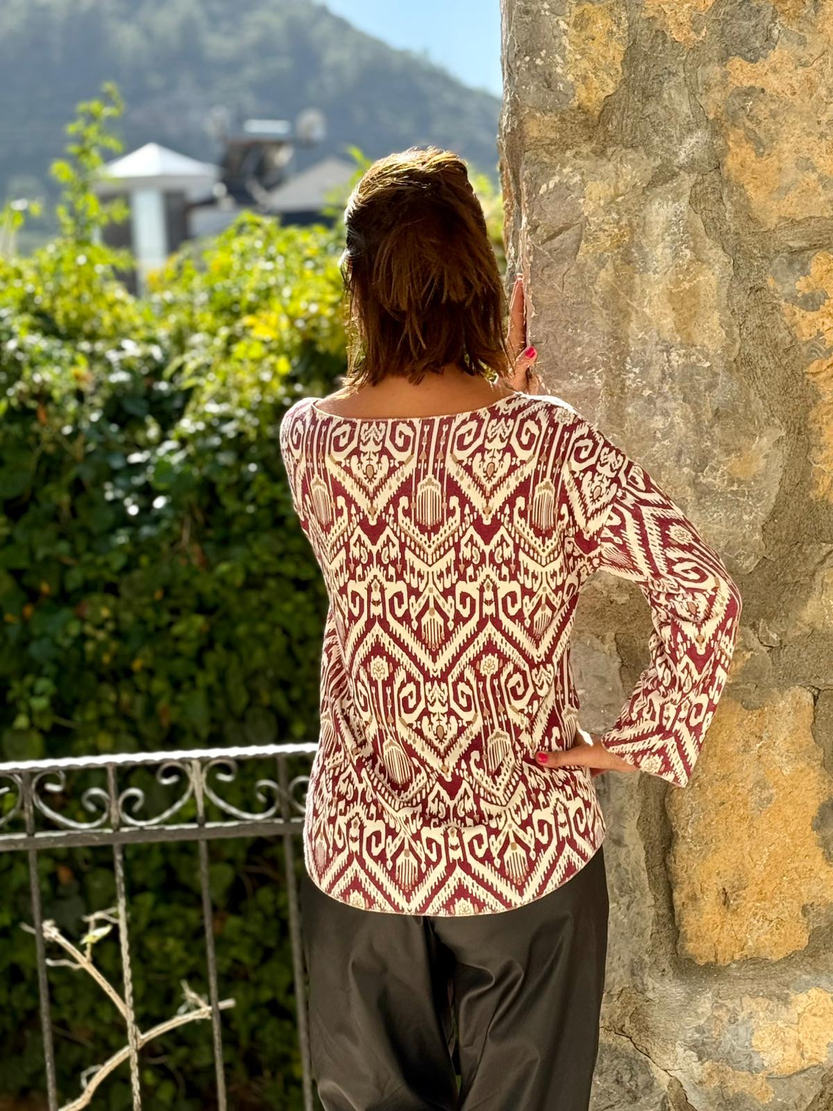 YG6263 Kayık Yaka Otantik Desen İtalyan Triko Bluz Vişne