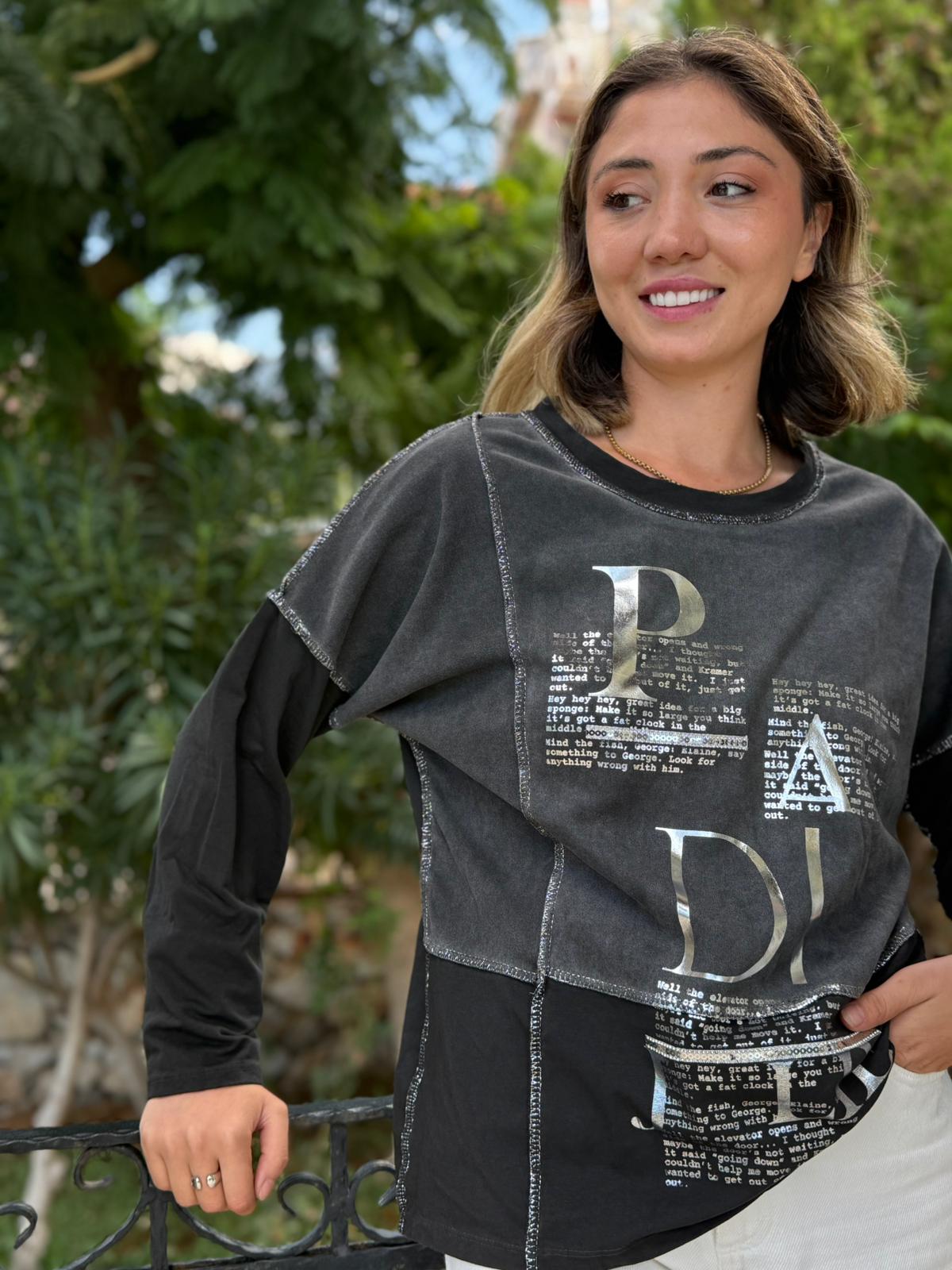 NC8533 İtalyan PADİ Yazılı Coton Sweatshirt Füme