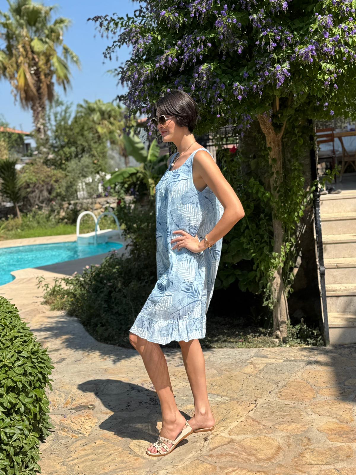YG205070 İtalyan Yaprak Desen Coton Elbise Bebe Mavi