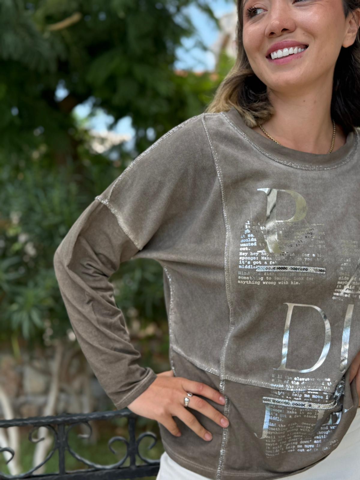 NC8533 İtalyan PADİ Yazılı Coton Sweatshirt Vizon