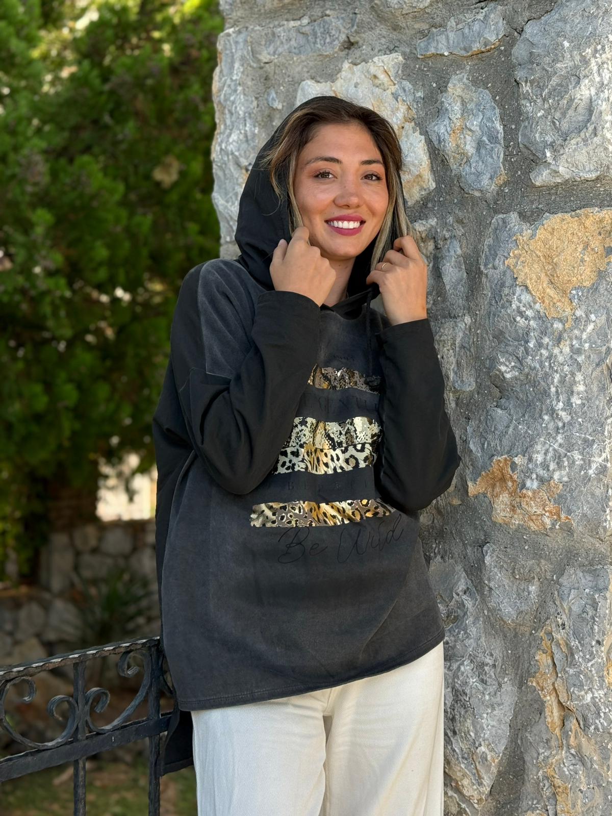 NC56152 İtalyan Leopar Baskılı Kapüşonlu Sweatshirt Siyah