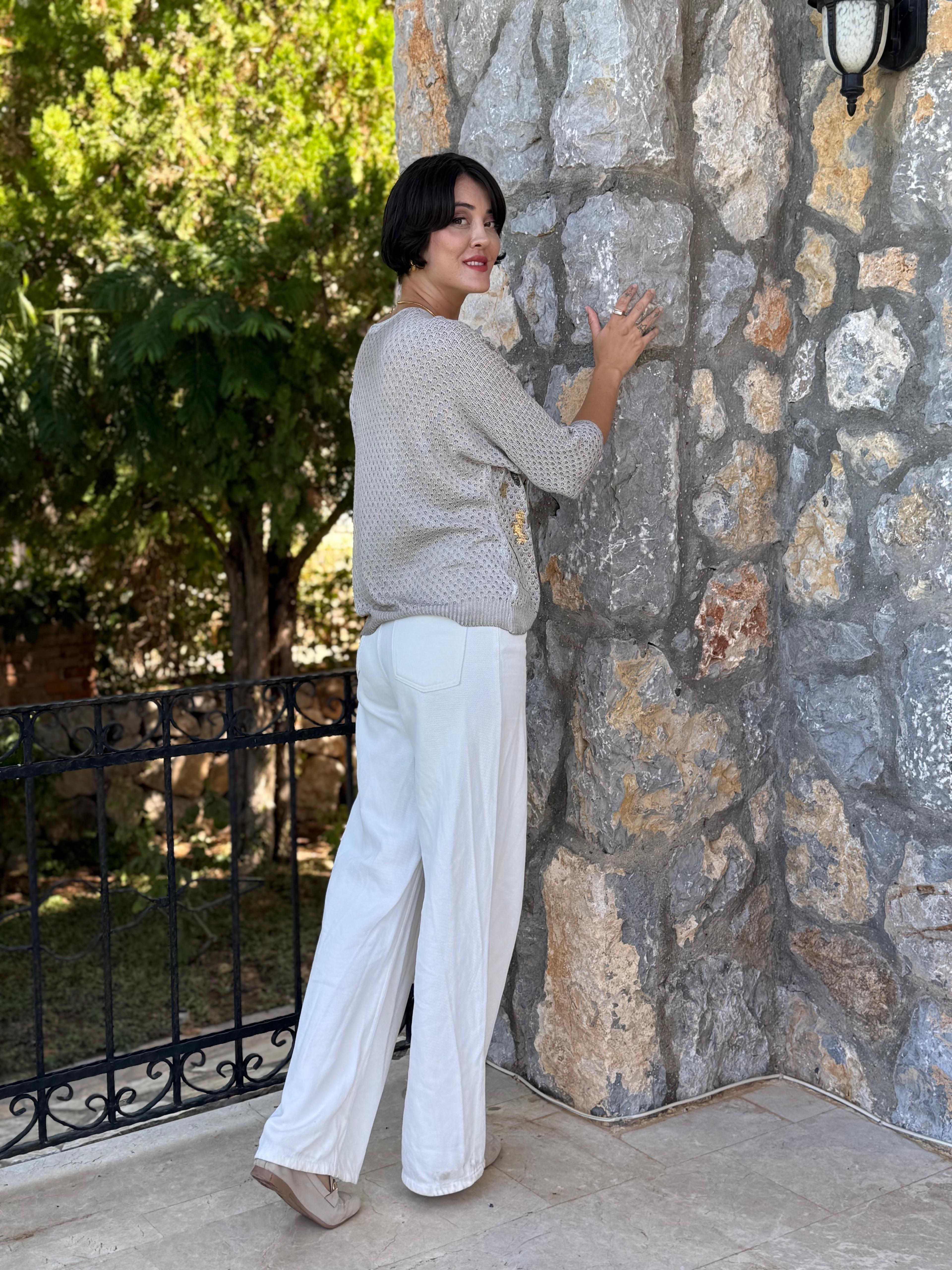 FXLS7514 İtalyan Yaprak Desen Triko Bluz Krem