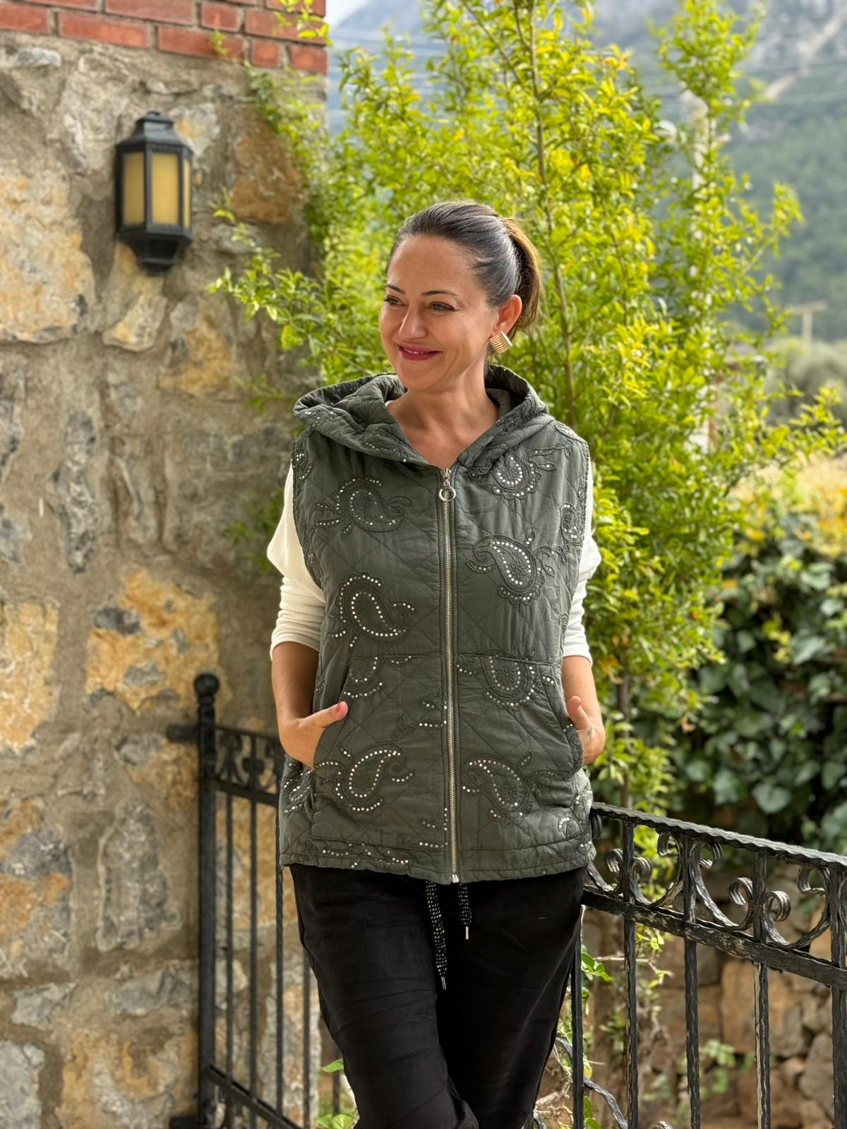 NC65588 Şal Desen Pullu Kapitone İtalyan Yelek Haki