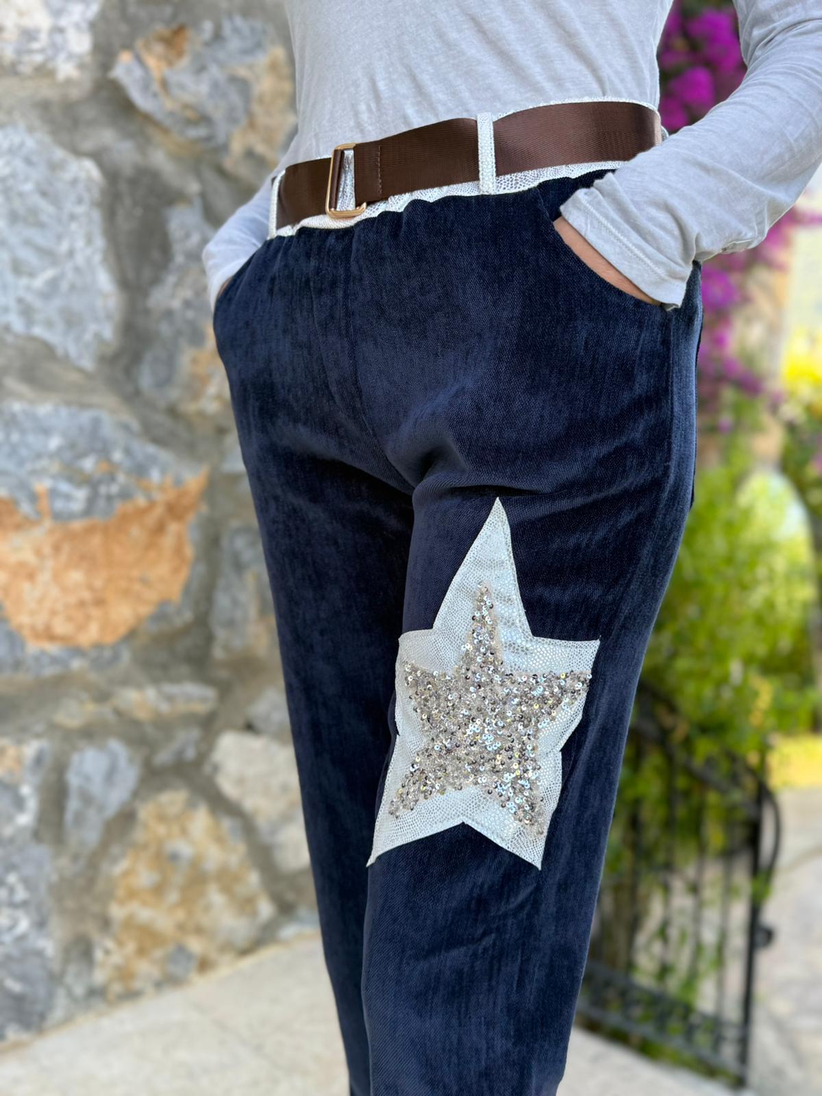 LS12520 İtalyan Yıldız Taşlı Kadife Pantolon Lacivert