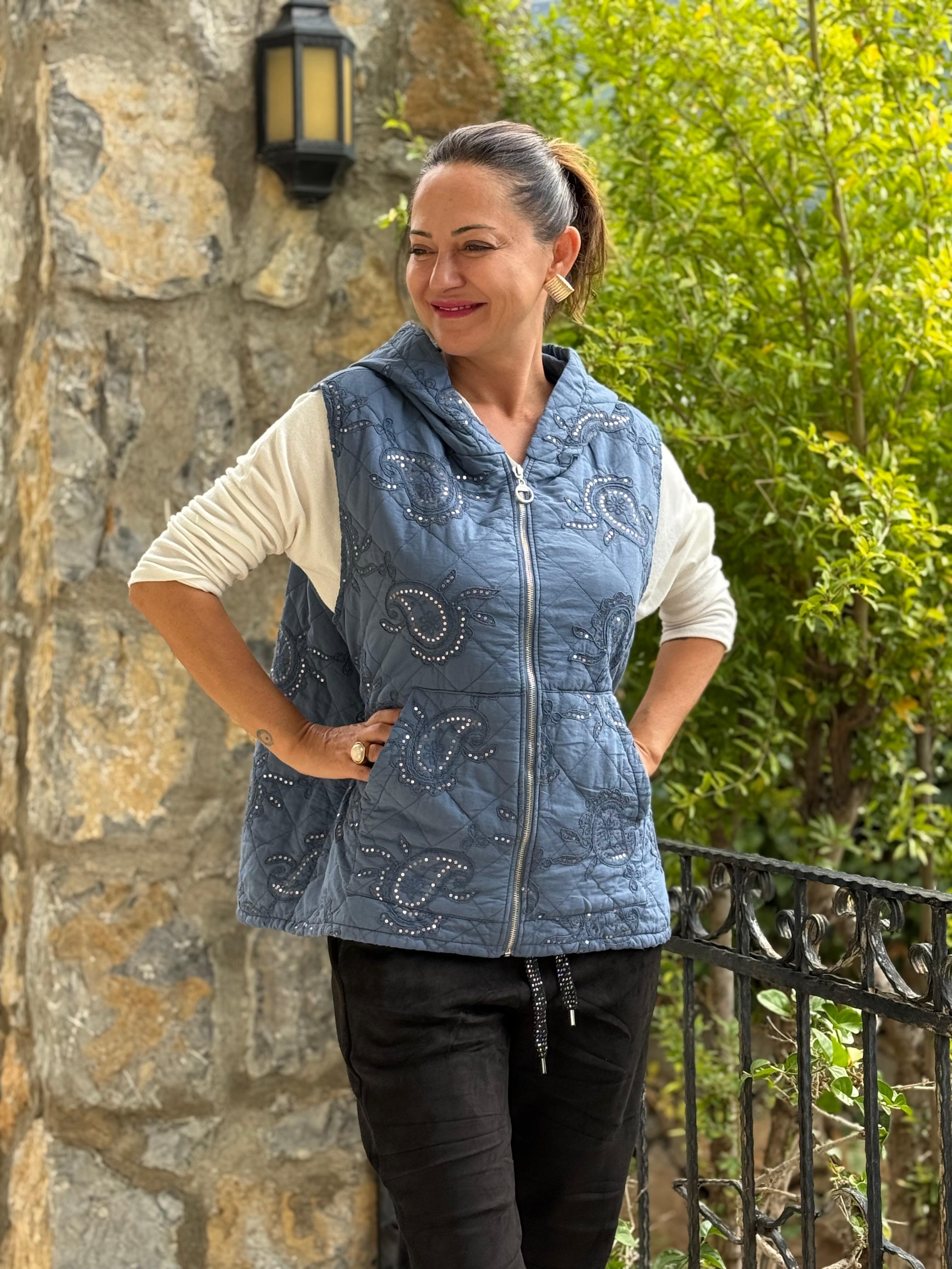 NC65588 Şal Desen Pullu Kapitone İtalyan Yelek Mavi