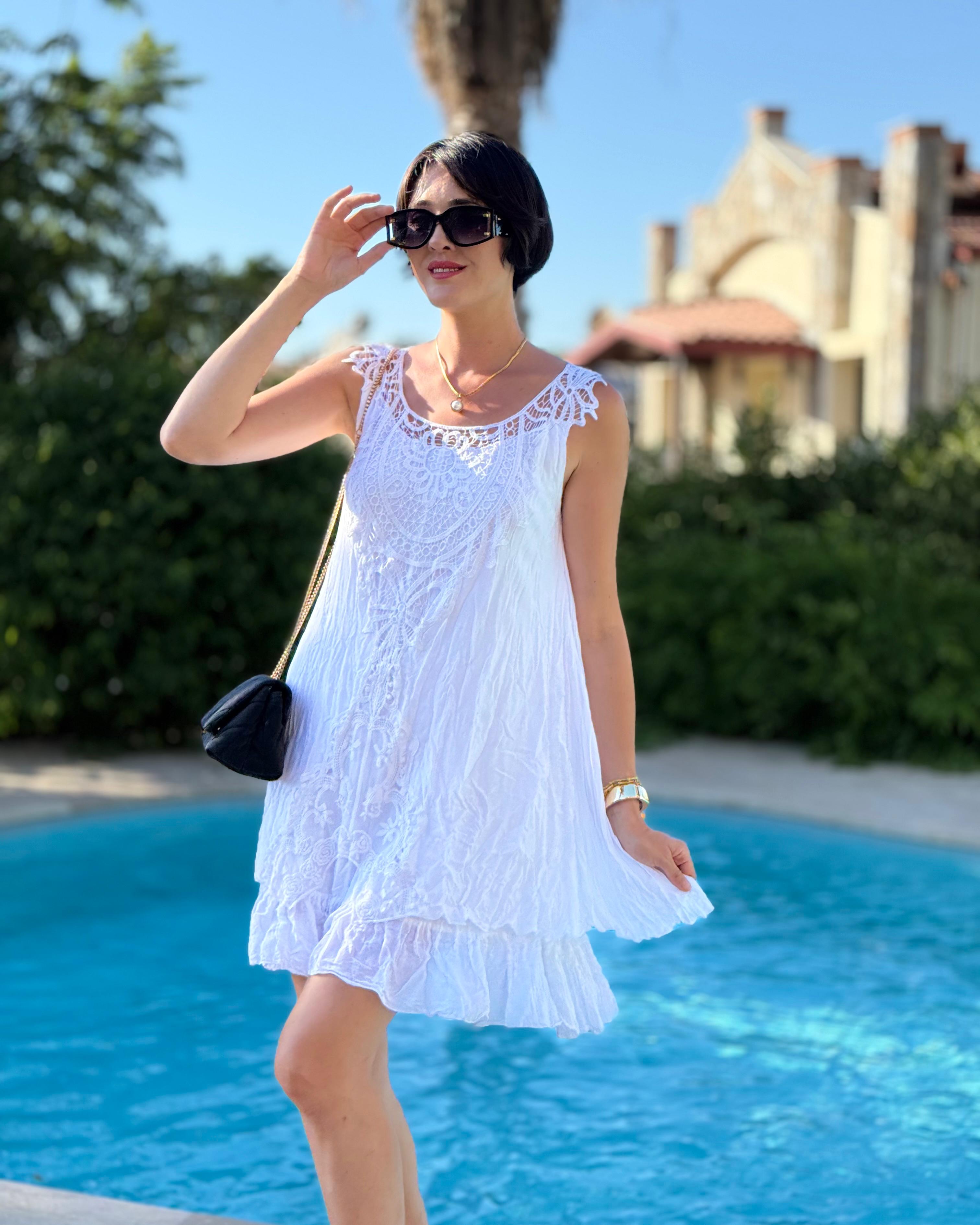 VL1207 Kolsuz Vual Mini Elbise Beyaz