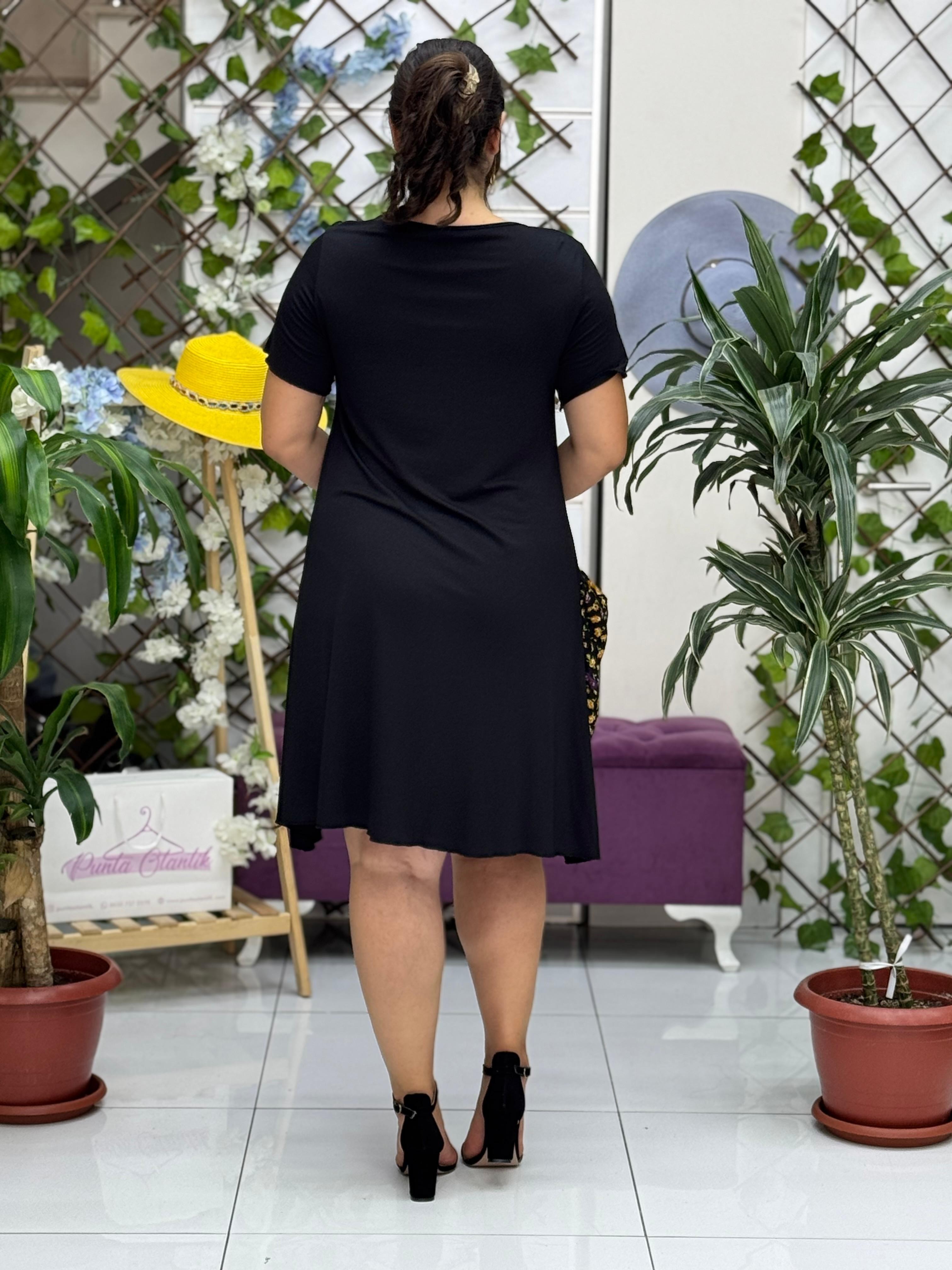 TS1018 Cebi Çiçekli Turlu Viskon Elbise Siyah