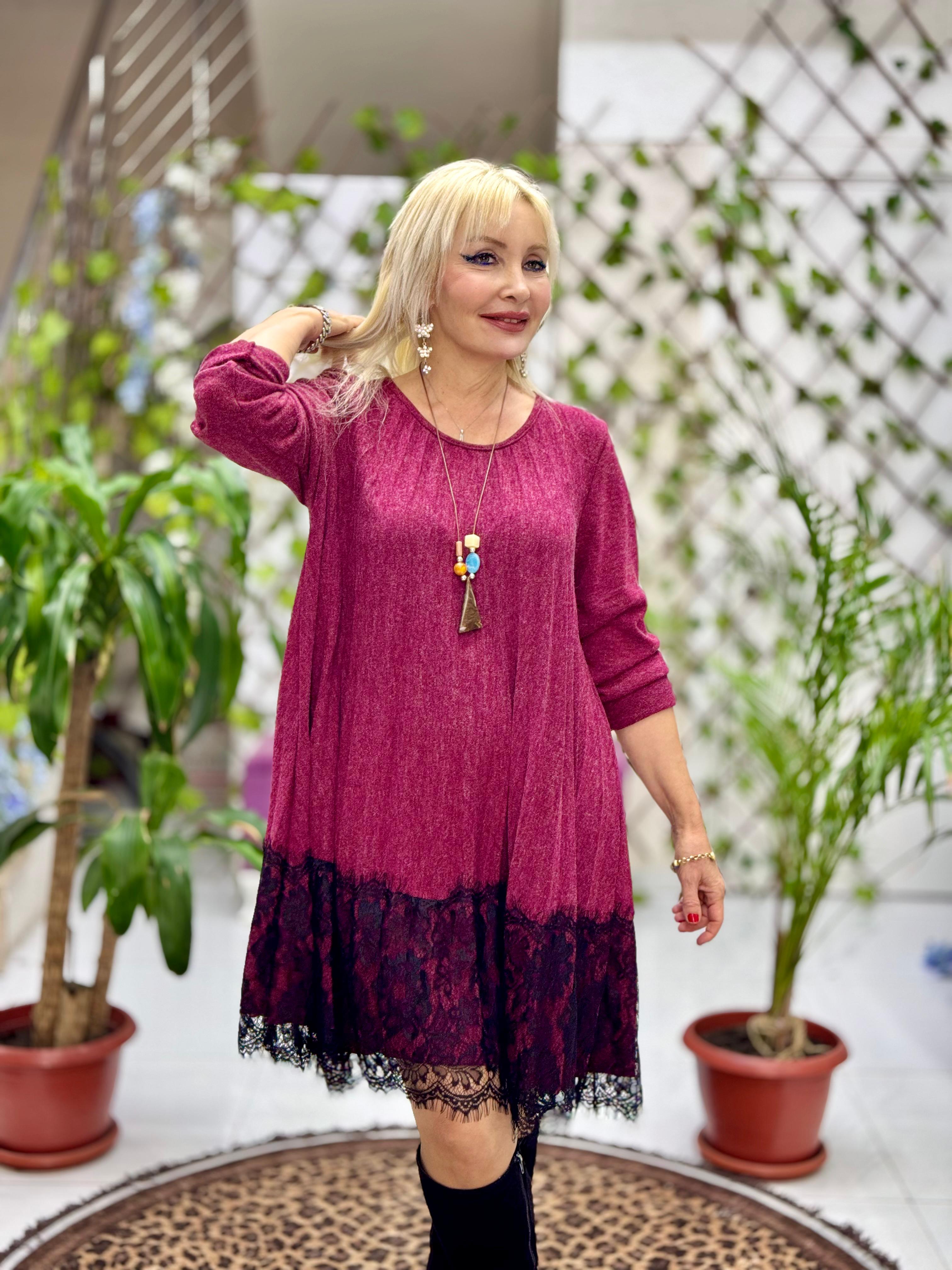 NC21868 Etek Ucu Dantelli Pileli Kolyeli İtalyan Triko Elbise Vişne