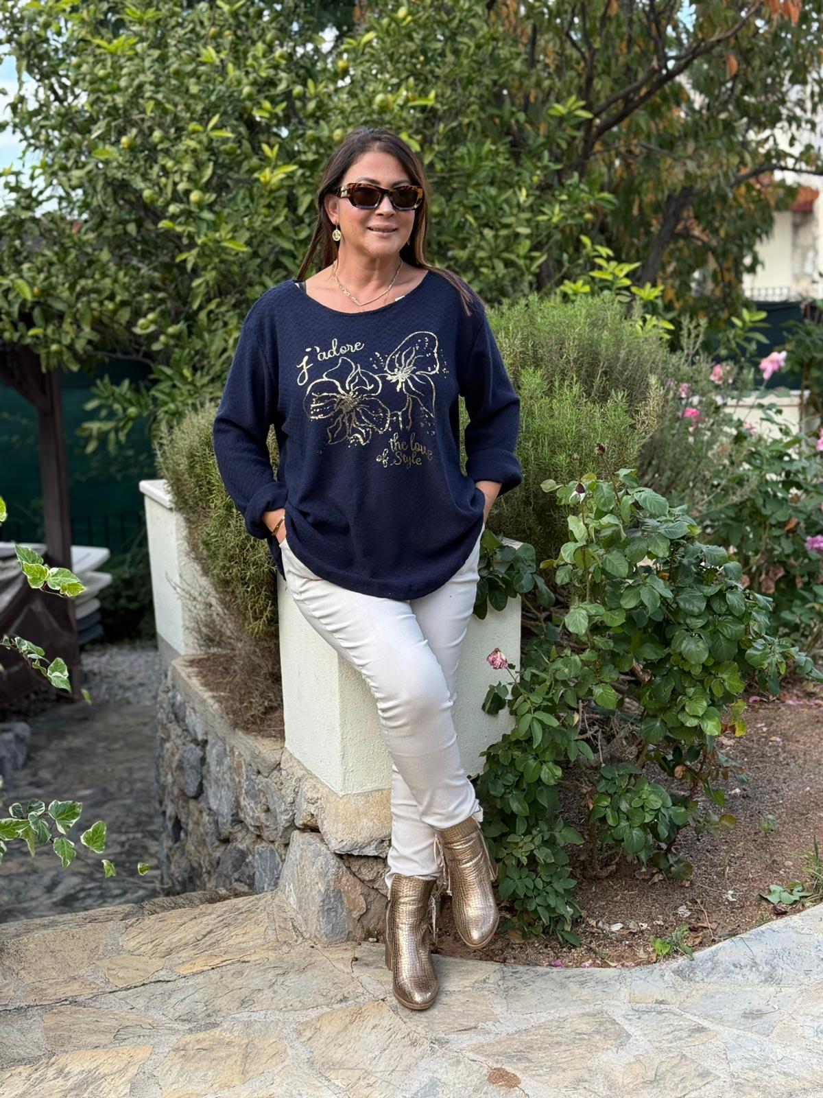 YG31256 İtalyan Kendinden Desenli Çiçek Baskılı Triko Bluz Lacivert