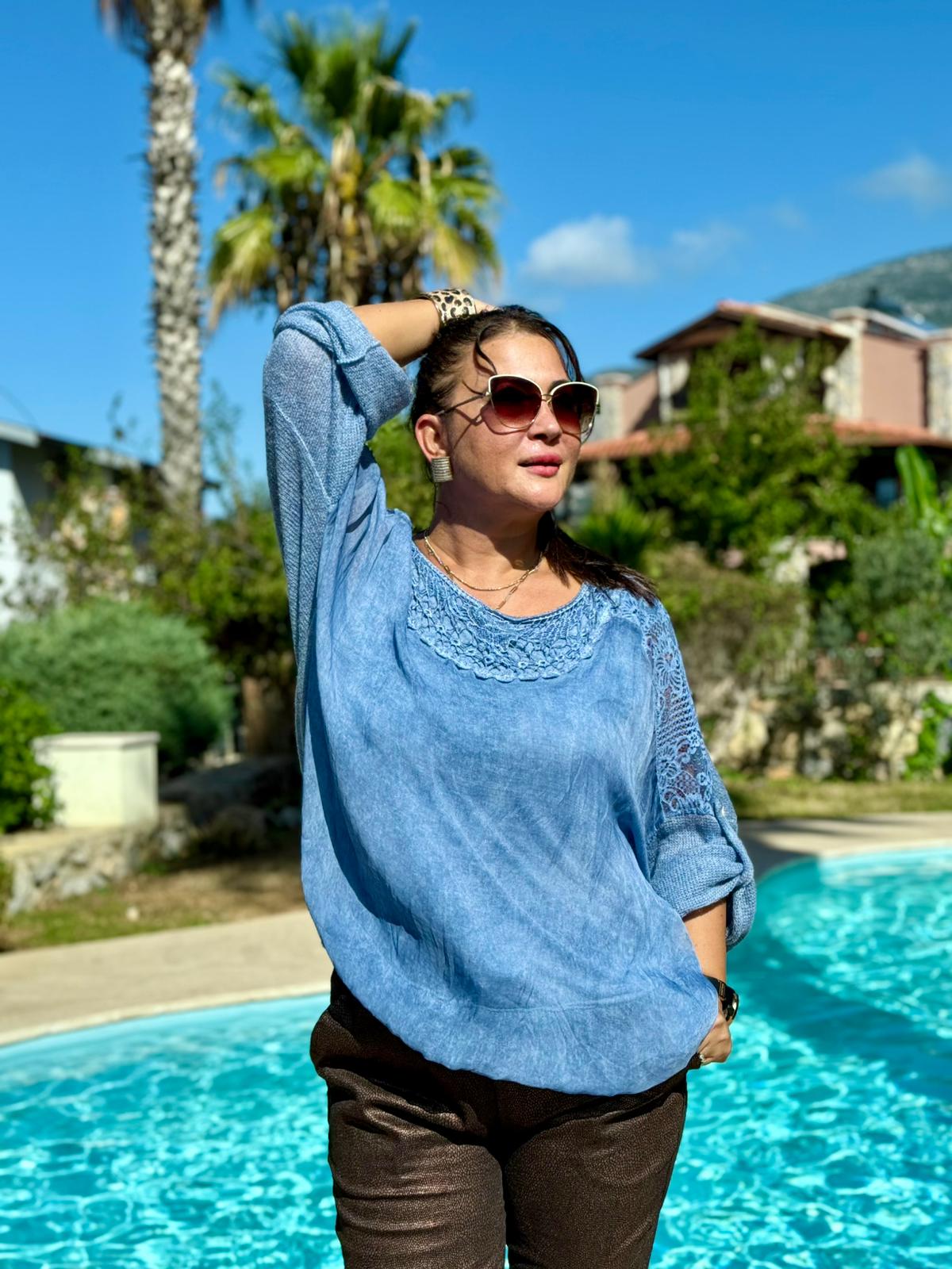 NC1888 Sırt ve Omuz Dantelli İpek Triko İtalyan Bluz Mavi