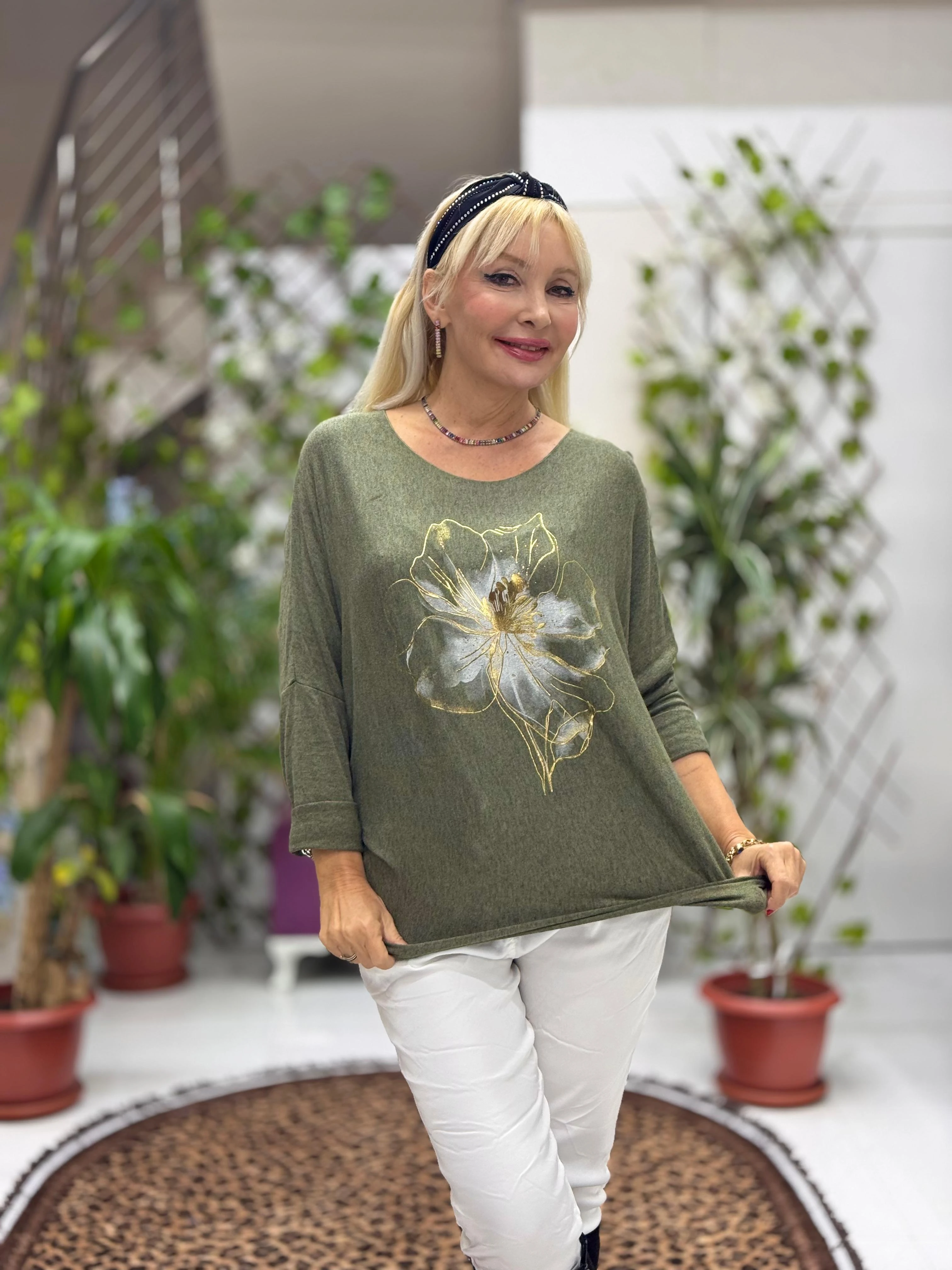 YG3003 Çiçek Baskılı İtalyan Triko Bluz Haki