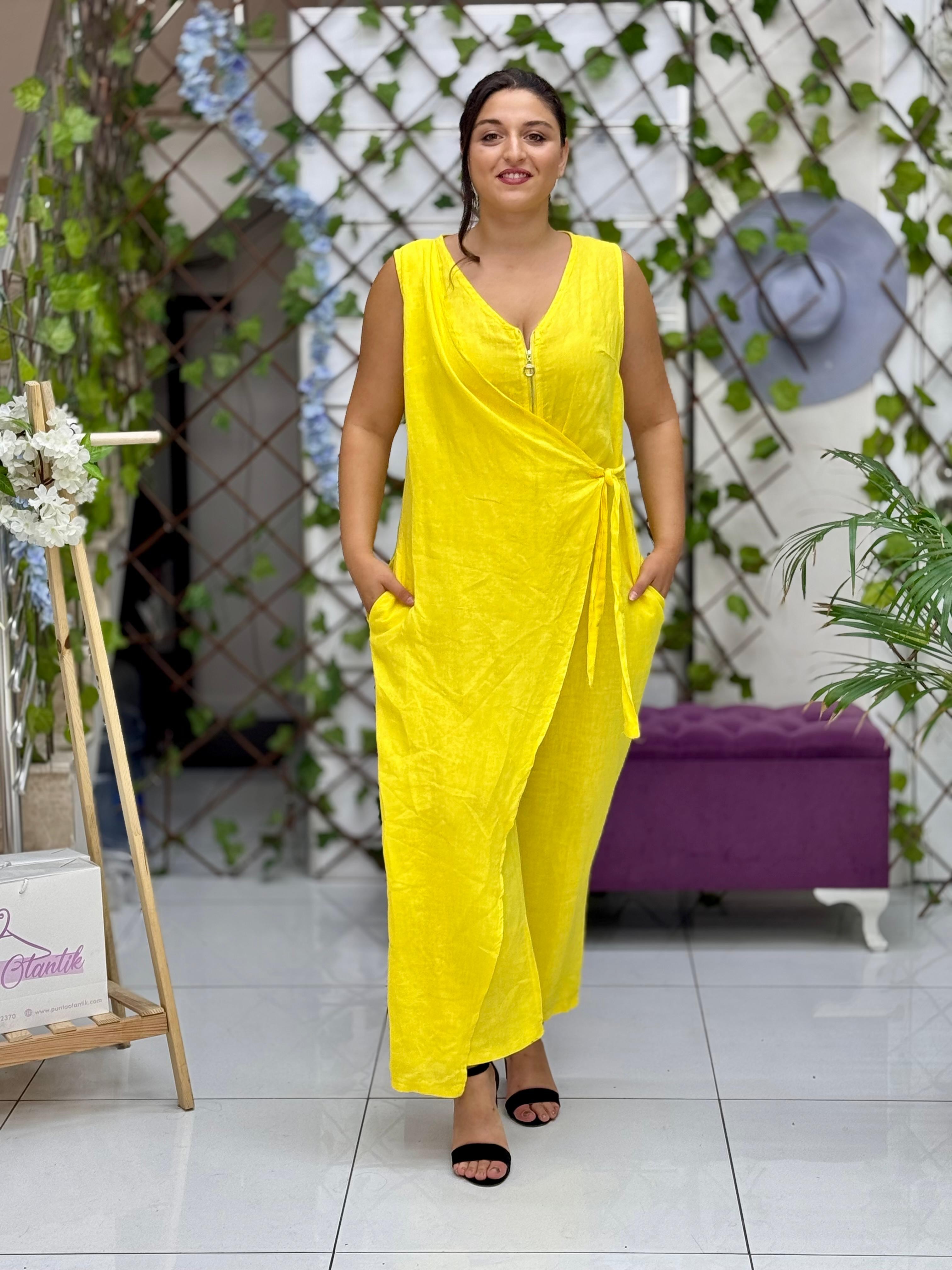 NC61252 İtalyan Fermuarlı Bağlamalı Keten Tulum Sarı