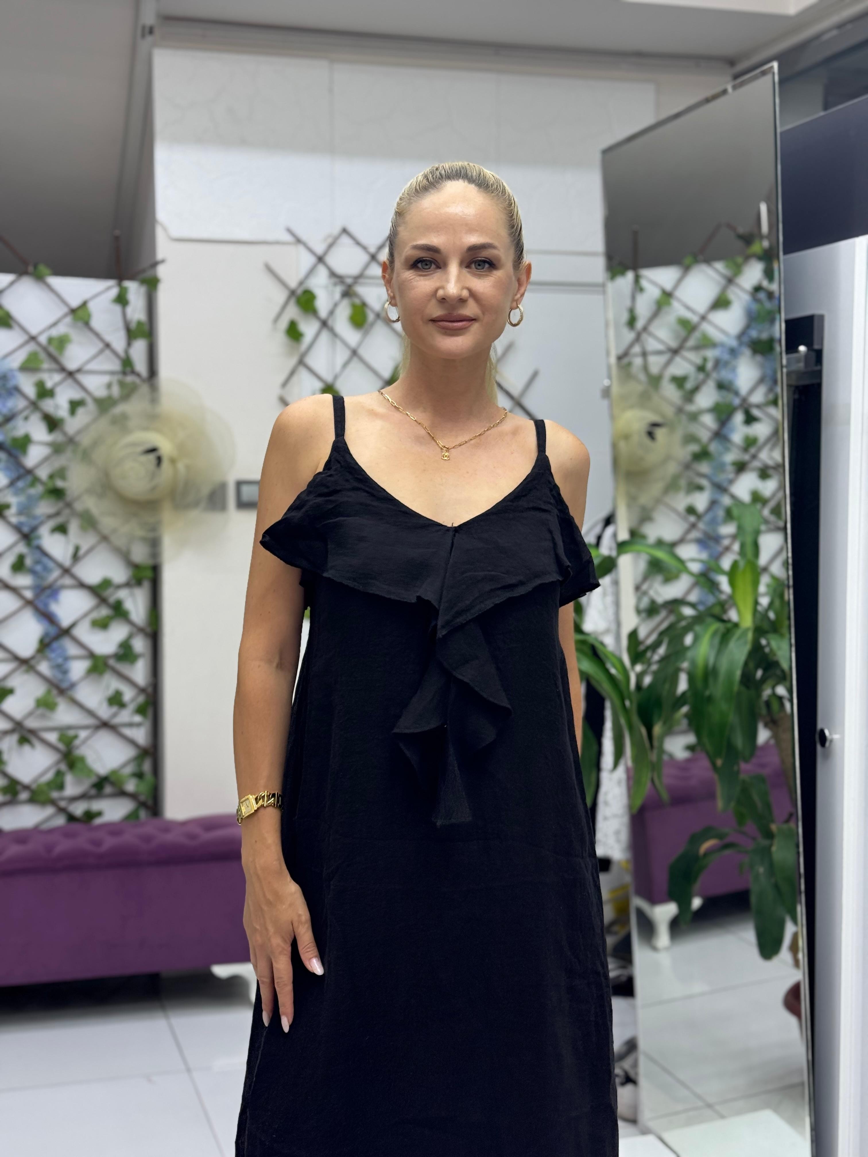 NC2132 İp Askılı Keten Önü Fırfırlı İtalyan Elbise Siyah