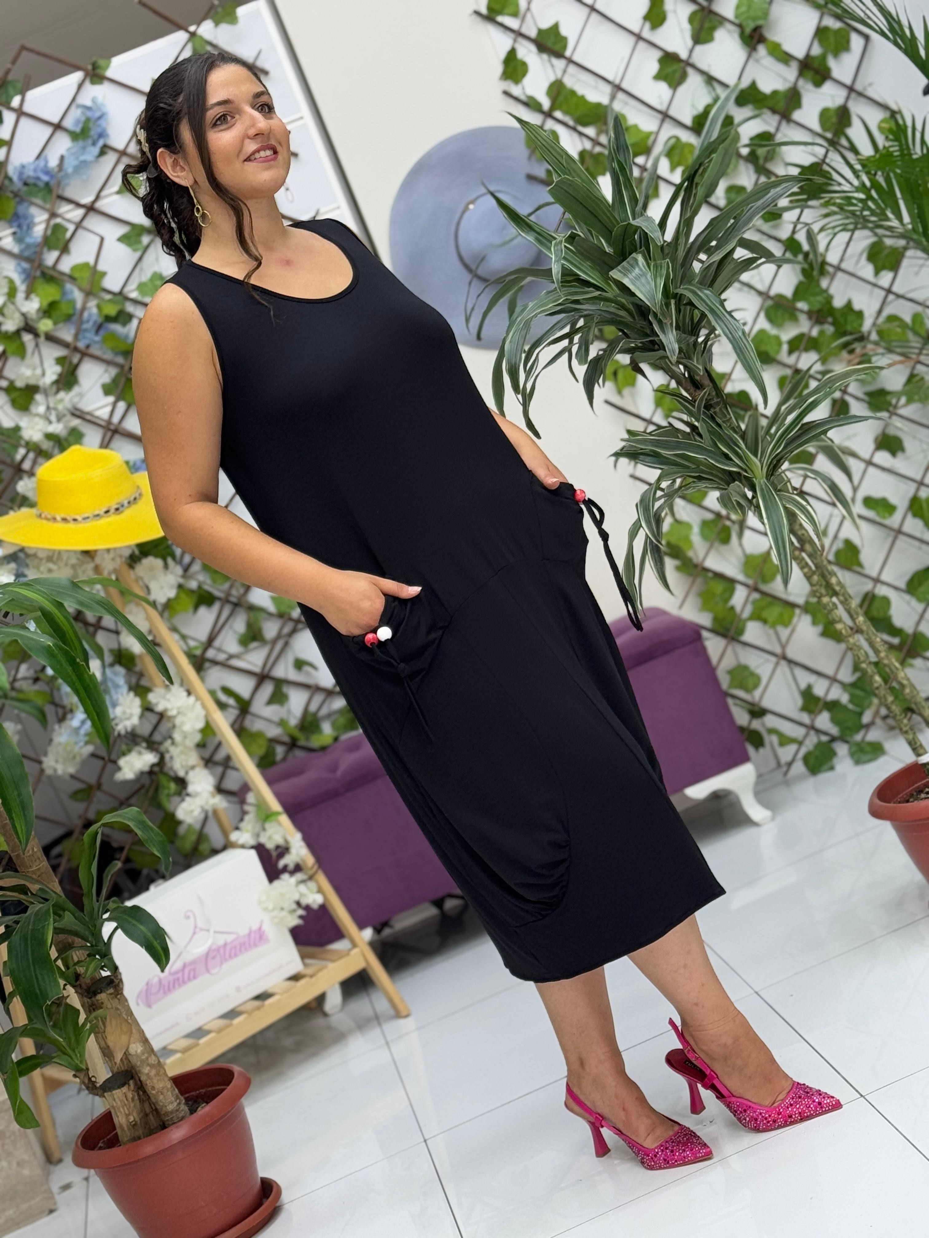 TS1002 Cebi Boncuklu Kolsuz Turlu Viskon Elbise Siyah