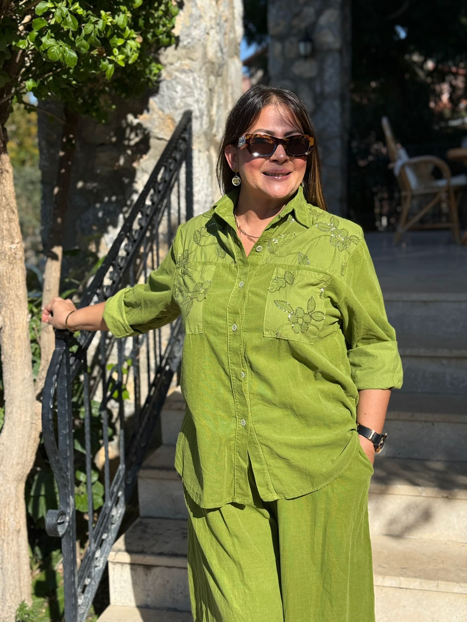 NC25446 İtalyan Kadife Pullu Pantolon Bluz Takım Fıstık Yeşili