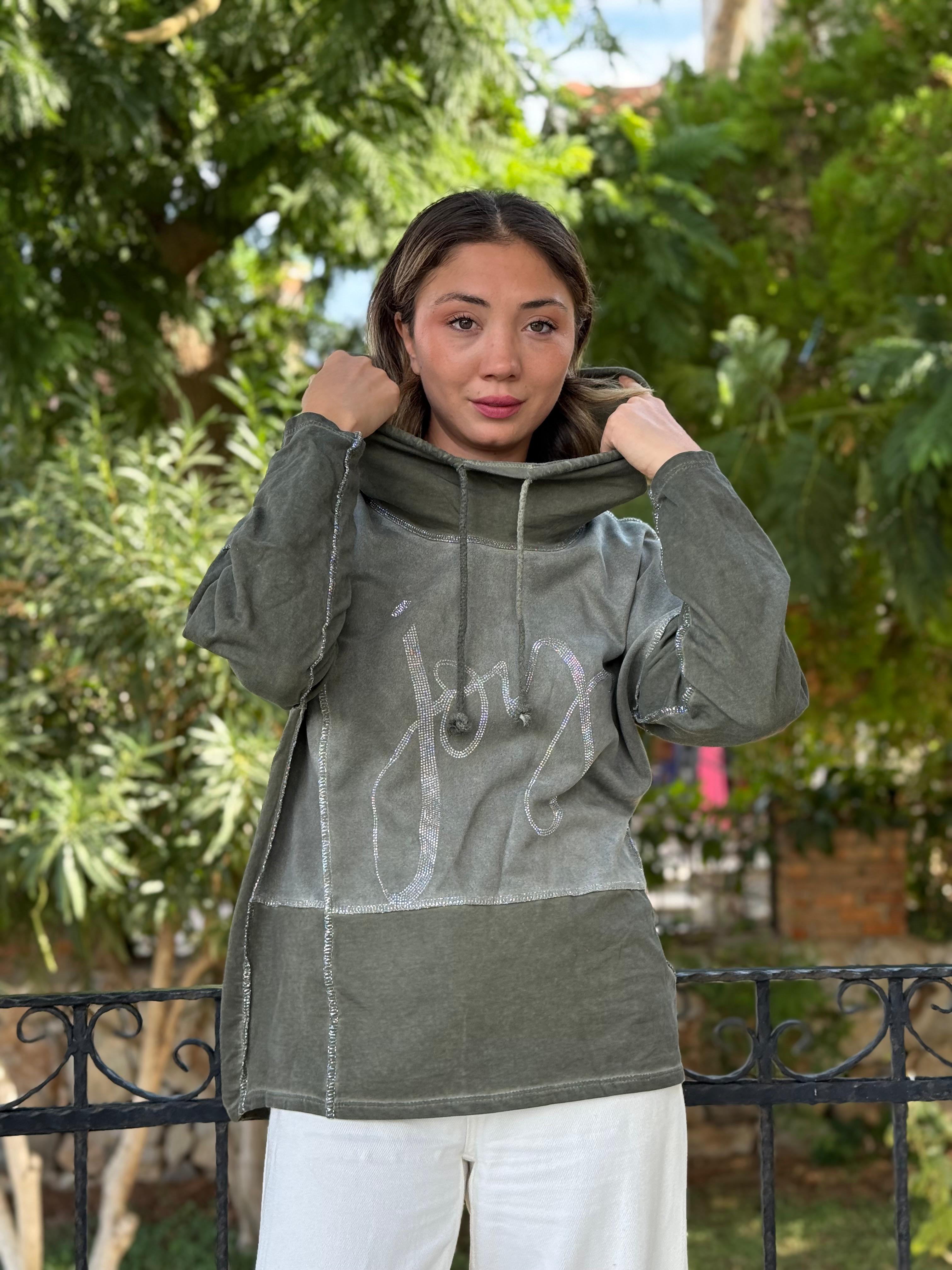 NC8533C İtalyan Joy Taşlı Kapüşonlu Coton Sweatshirt Haki