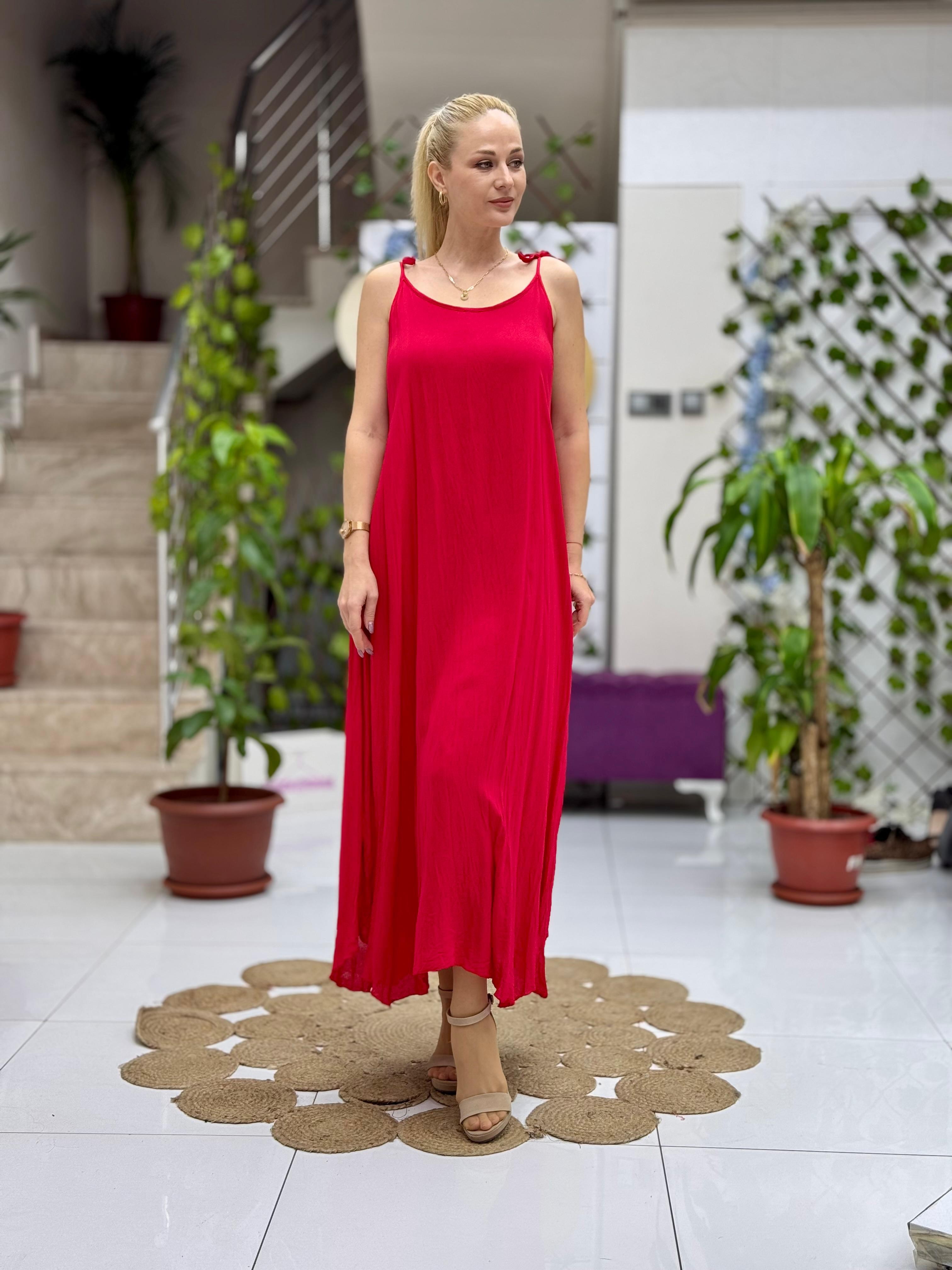 VL11199 Askılı Düz Vual Elbise Kırmızı