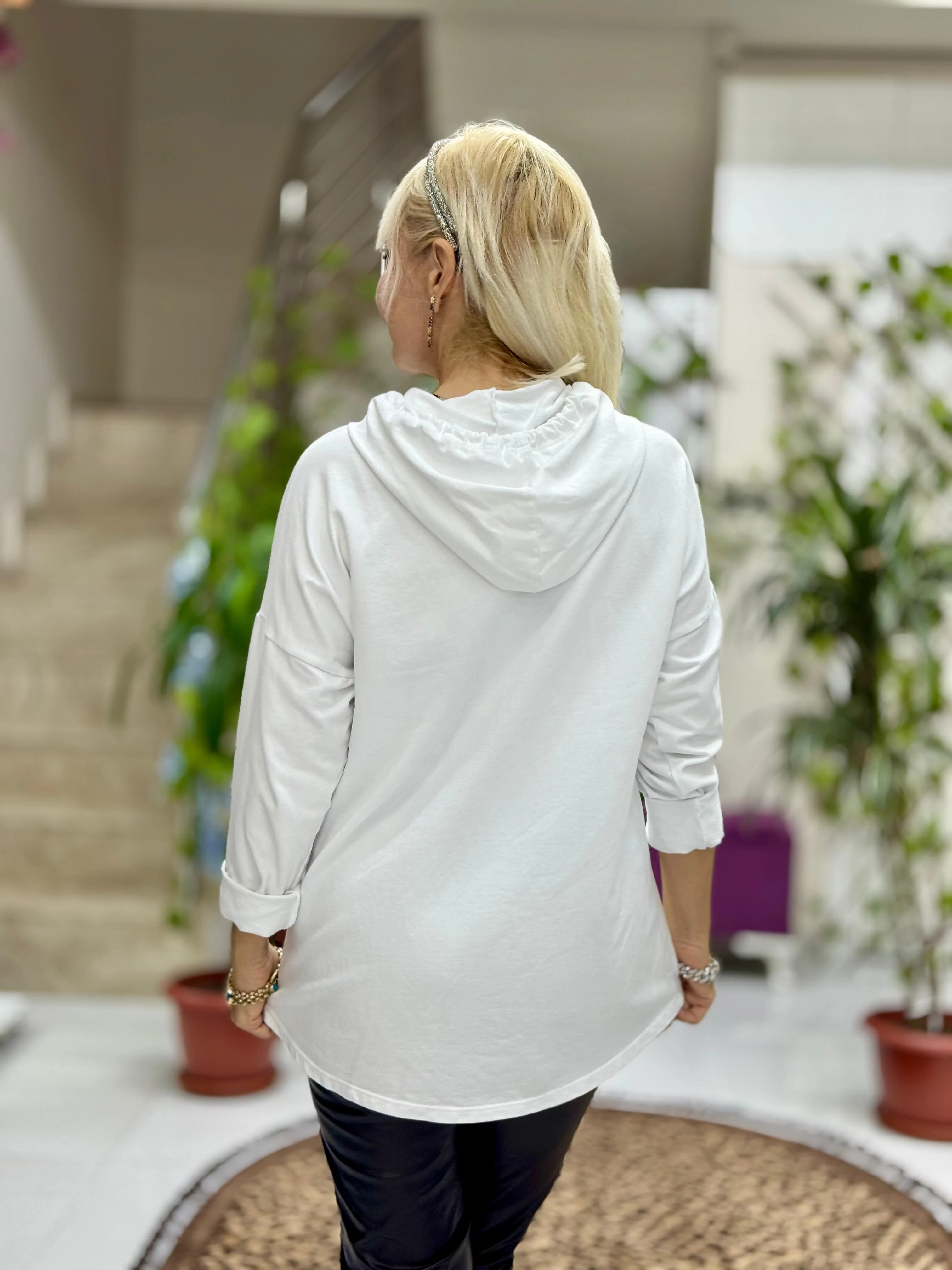 NC56868 İtalyan Enjoy Yazılı Kapüşonlu Coton Sweatshirt Beyaz