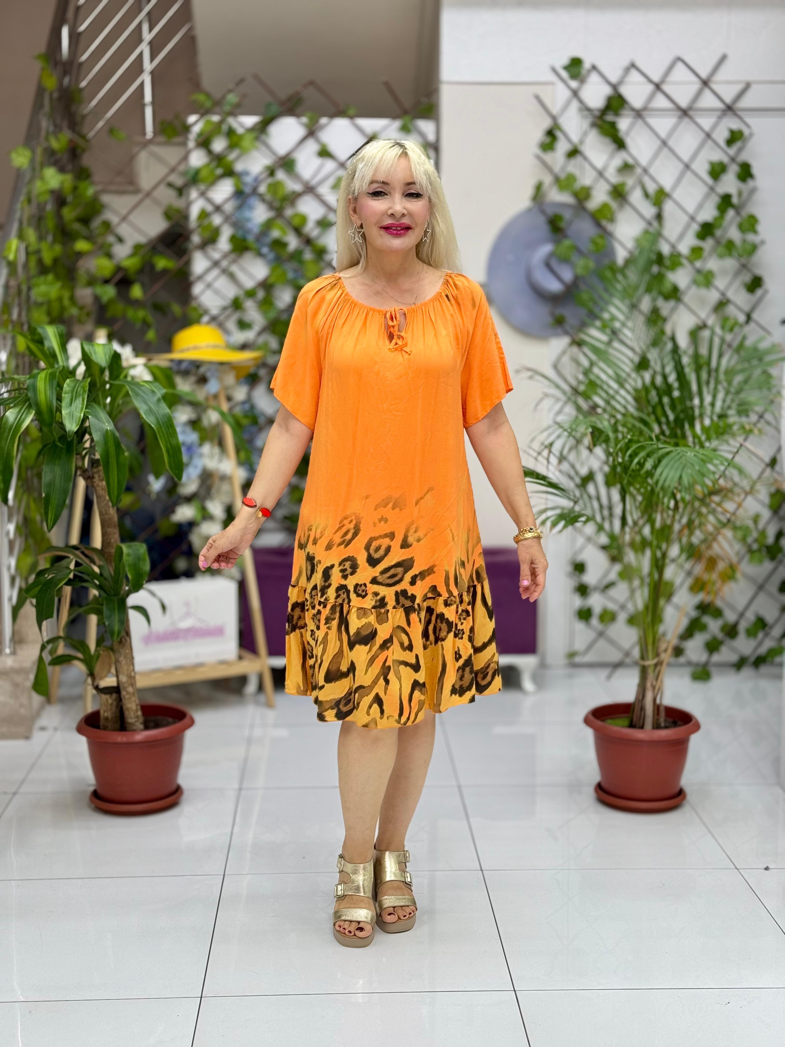 NC10526 İtalyan Yaka Lastikli Leoparlı Coton Elbise Oranj