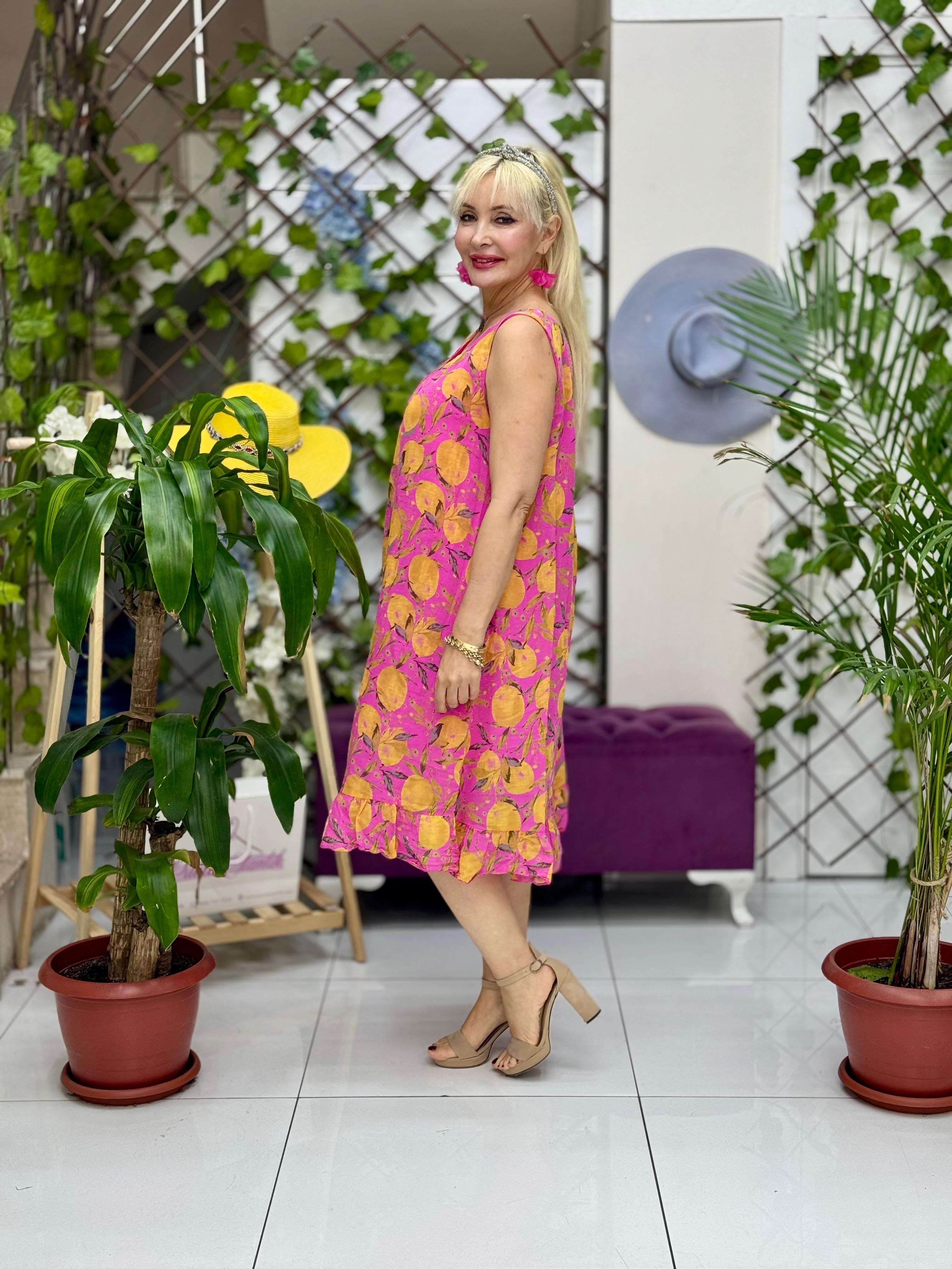 YG205030 İtalyan Coton  Limon Desen Elbise Pembe