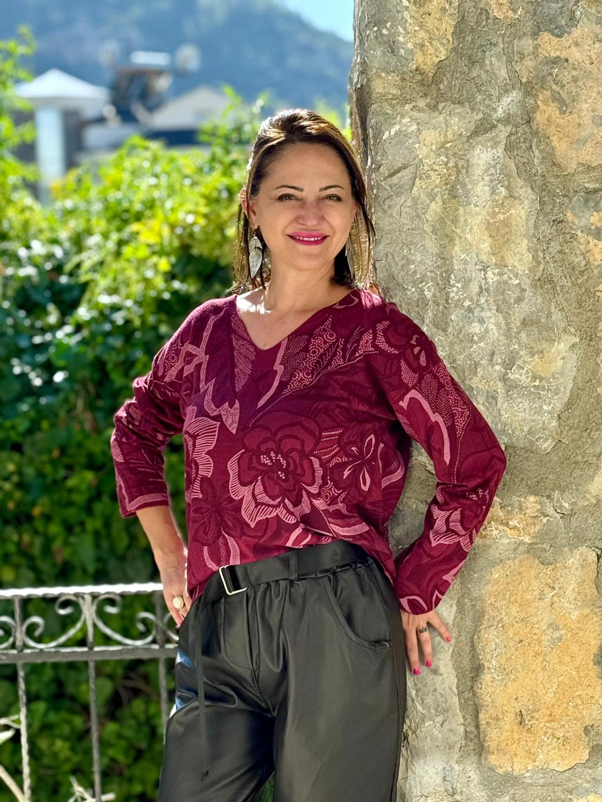 YG7036 Çiçek Desenli V Yaka İtalyan Triko Bluz Bordo