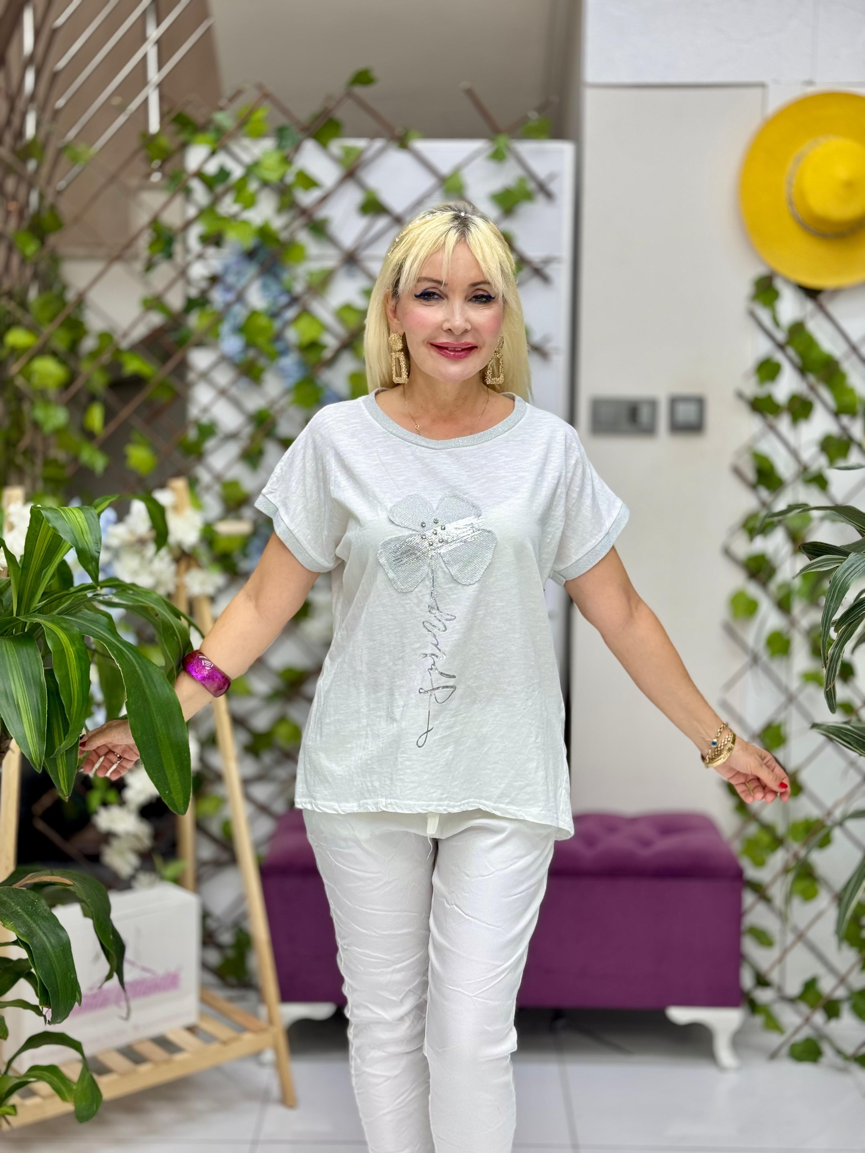 NC41760 İtalyan Yarım Kol Çiçekli Coton Bluz Beyaz
