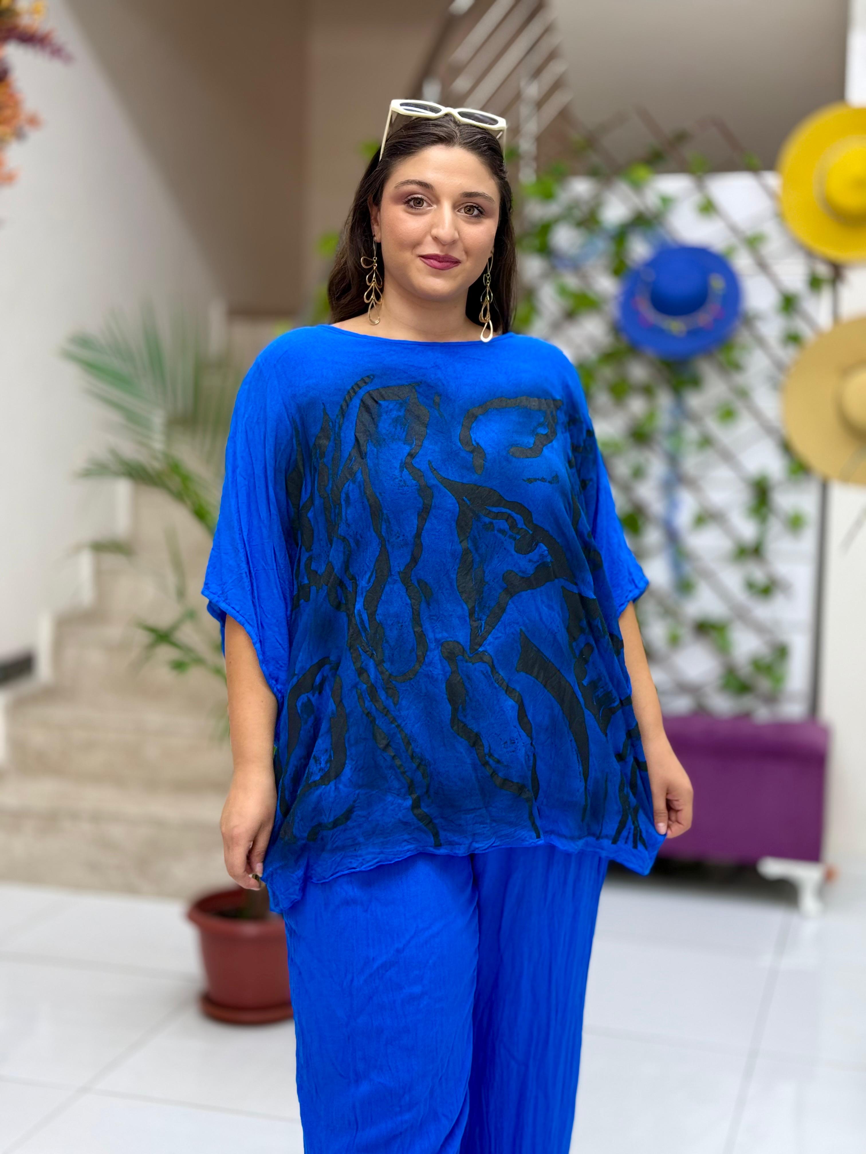VL3009 Yarasa Kol Baskılı Vual Bluz Saks