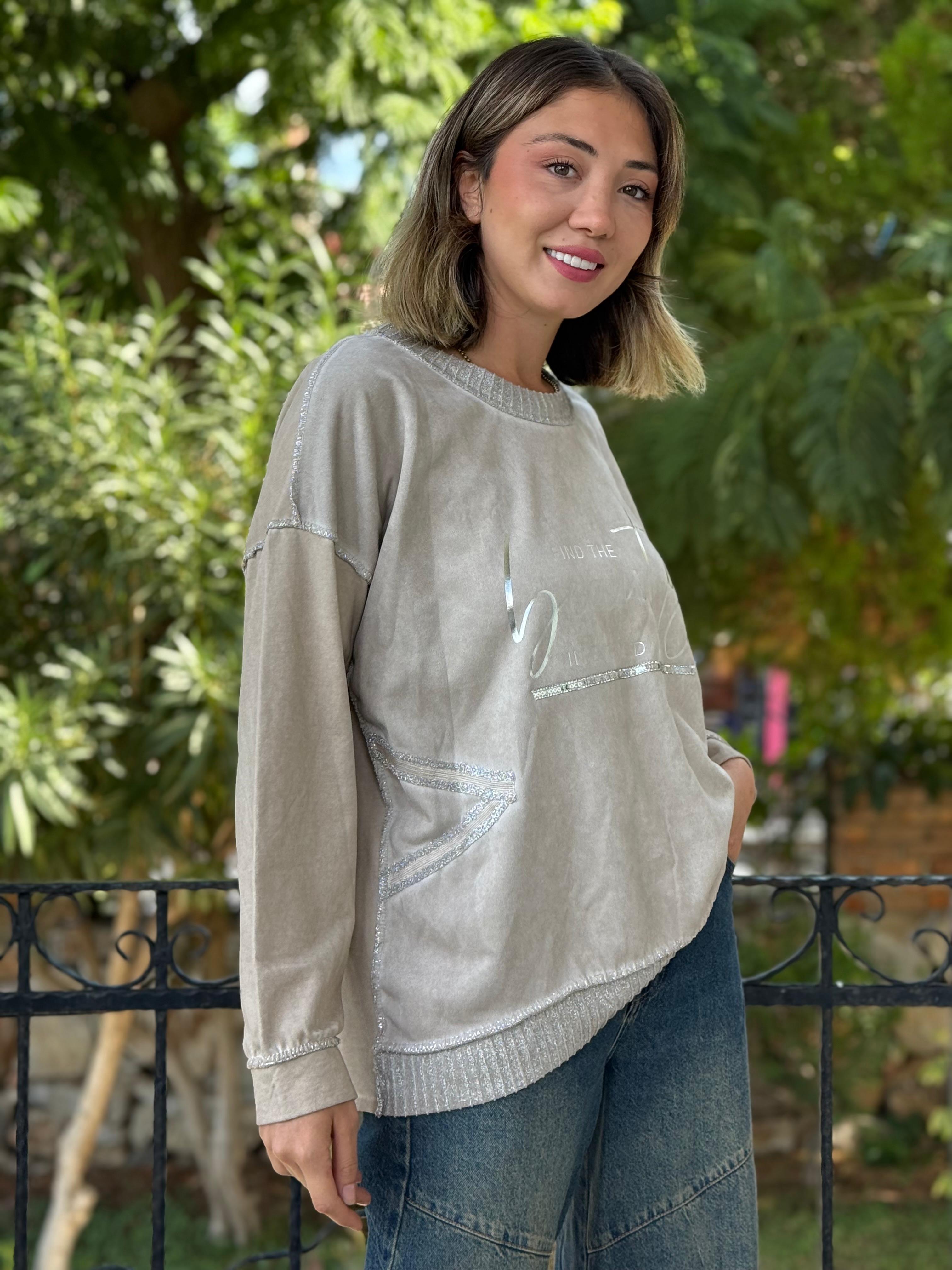 NC50793 İtalyan Beauty Yazılı Coton Sweatshirt Krem