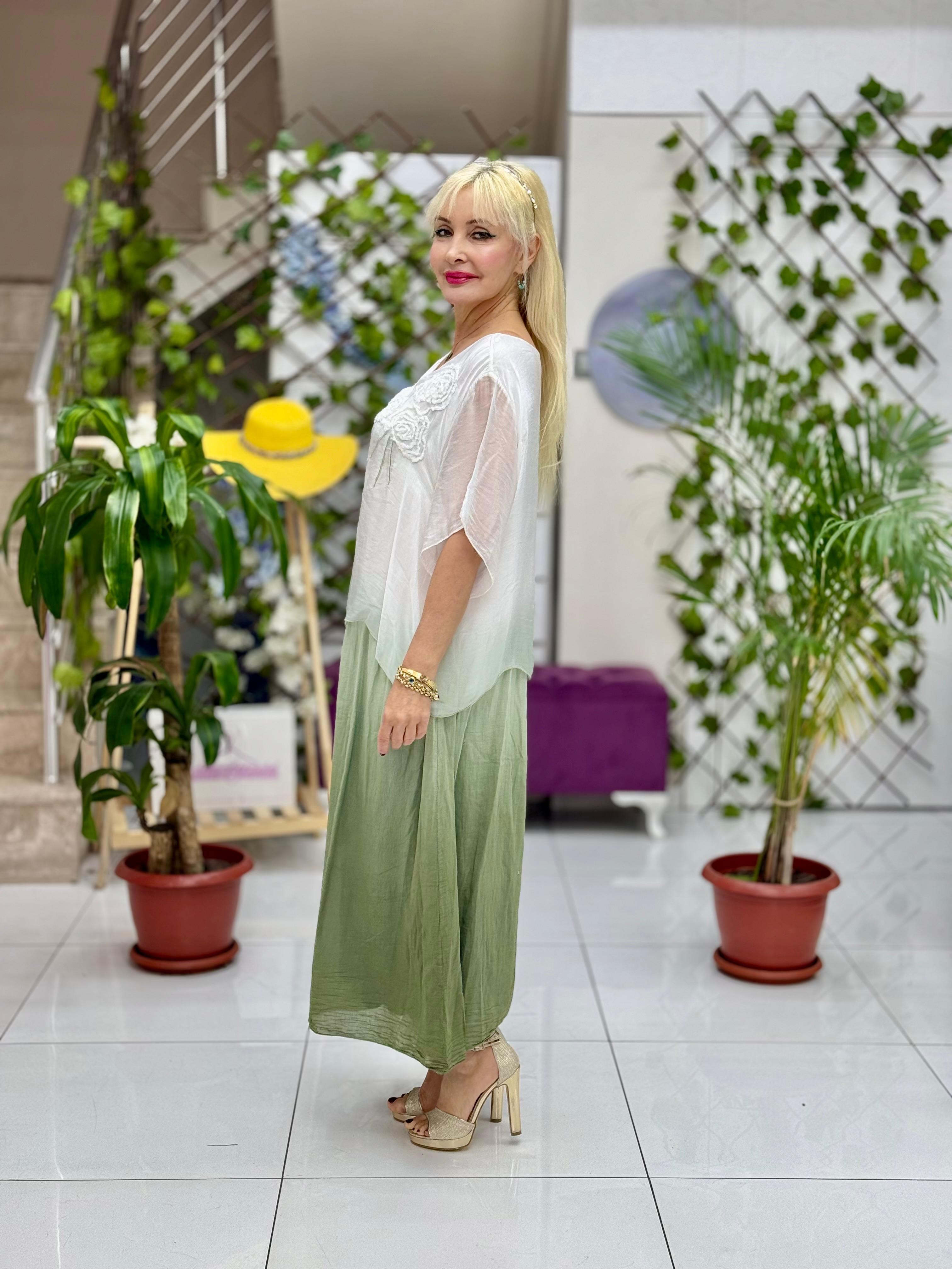 YG5041 Çiçek Desen İpek Coton Elbise Haki