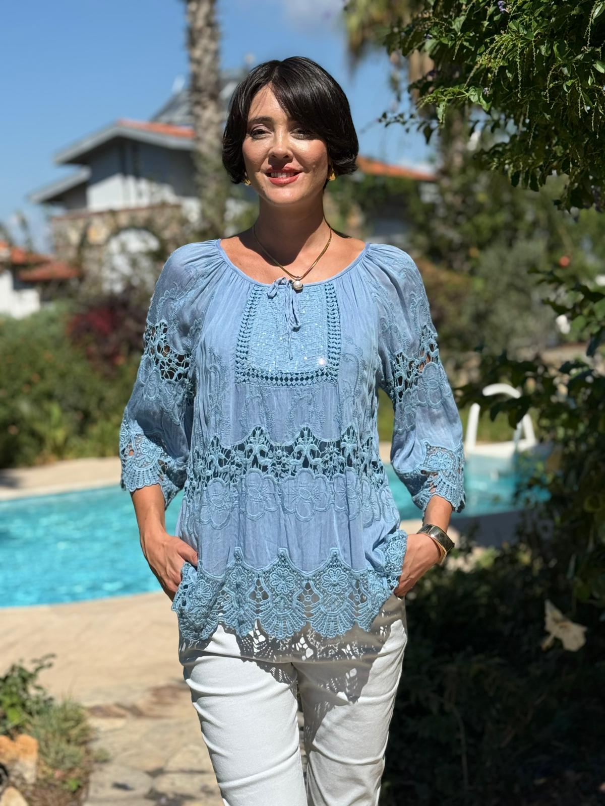 NC20428 İtalyan Klasik İpek Bluz Mavi