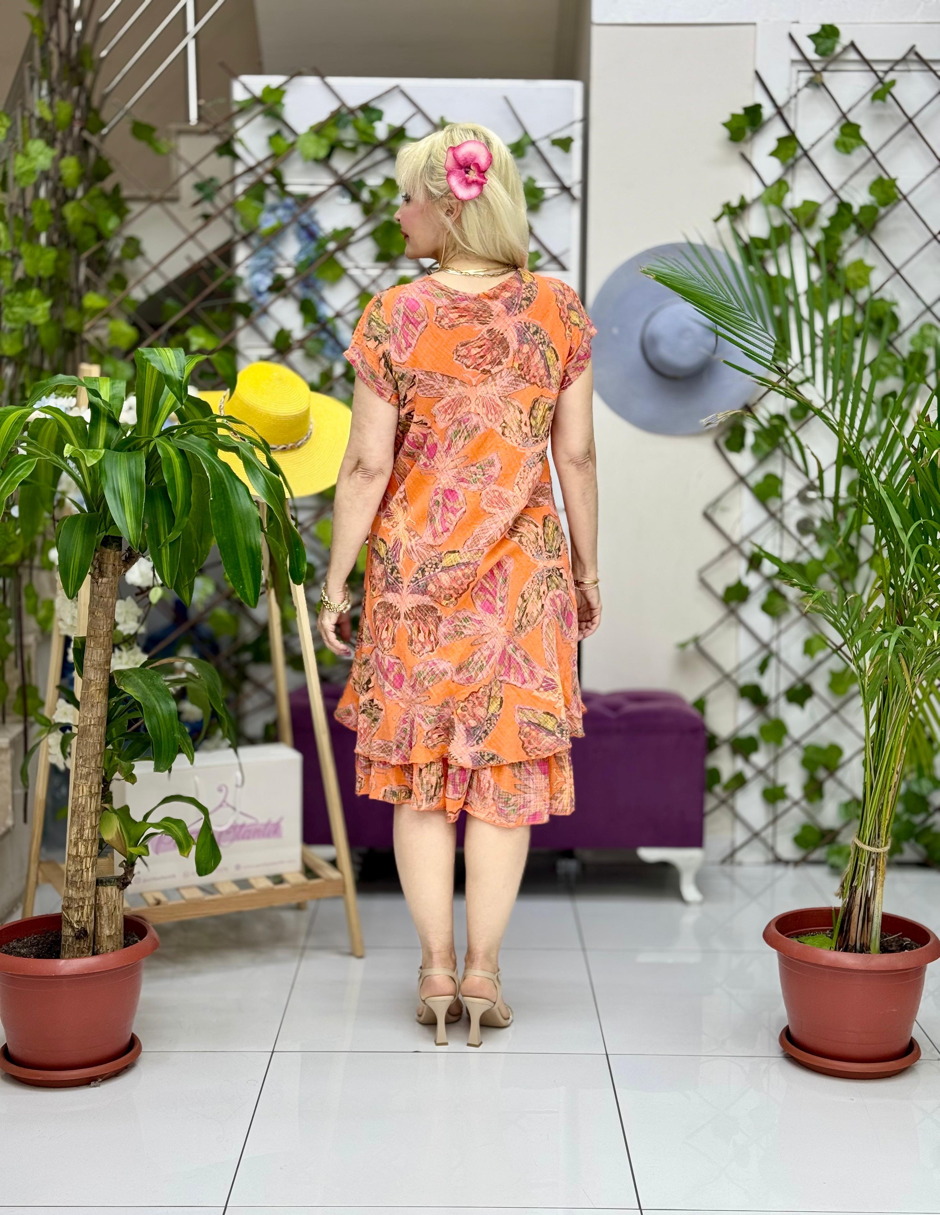 N5012-26 Vestido Italiano Manga Corta Algodón Lino Azul