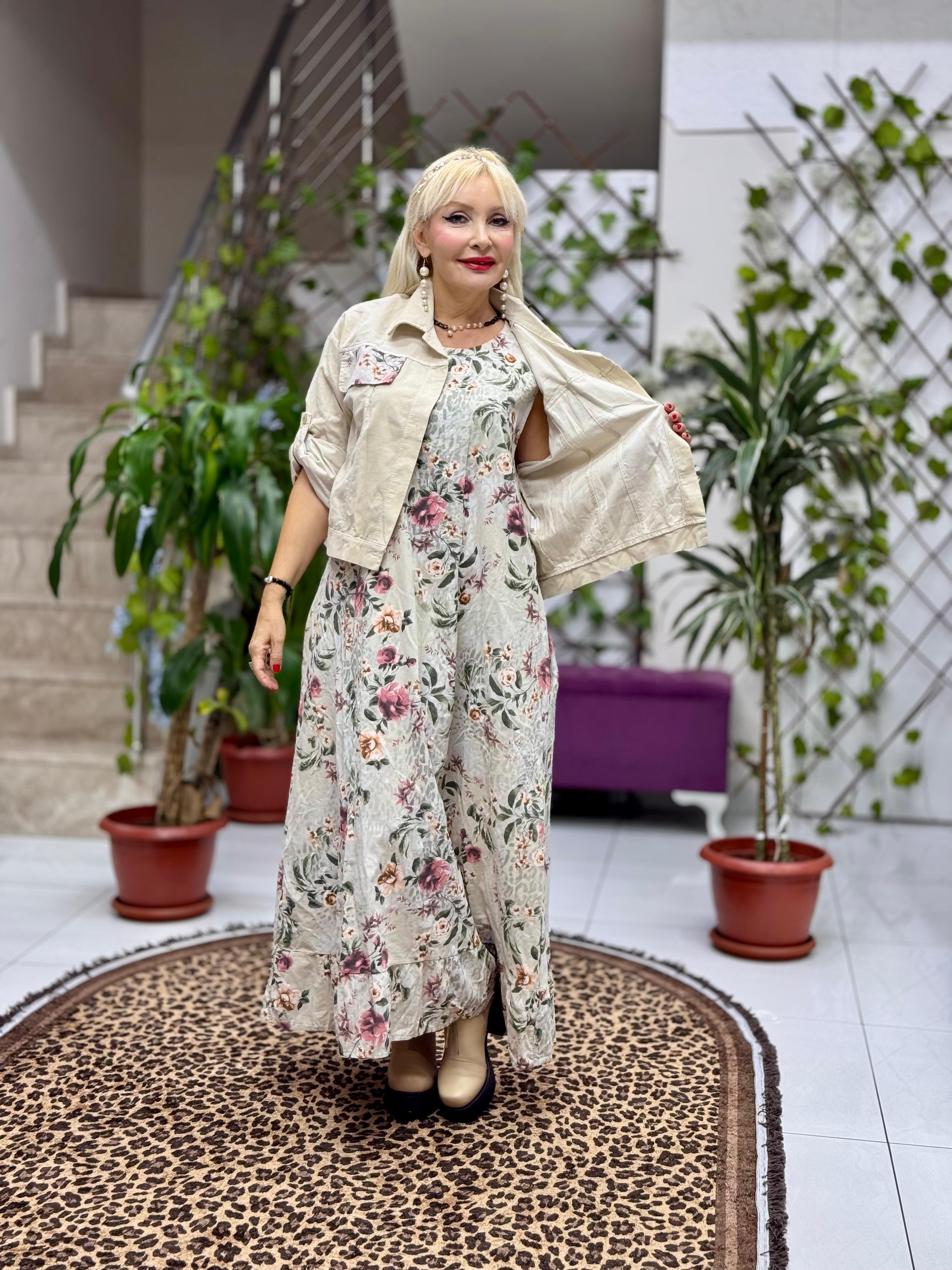 NC25001 İtalyan Kadife Çiçekli Elbise Ceket Takım Krem