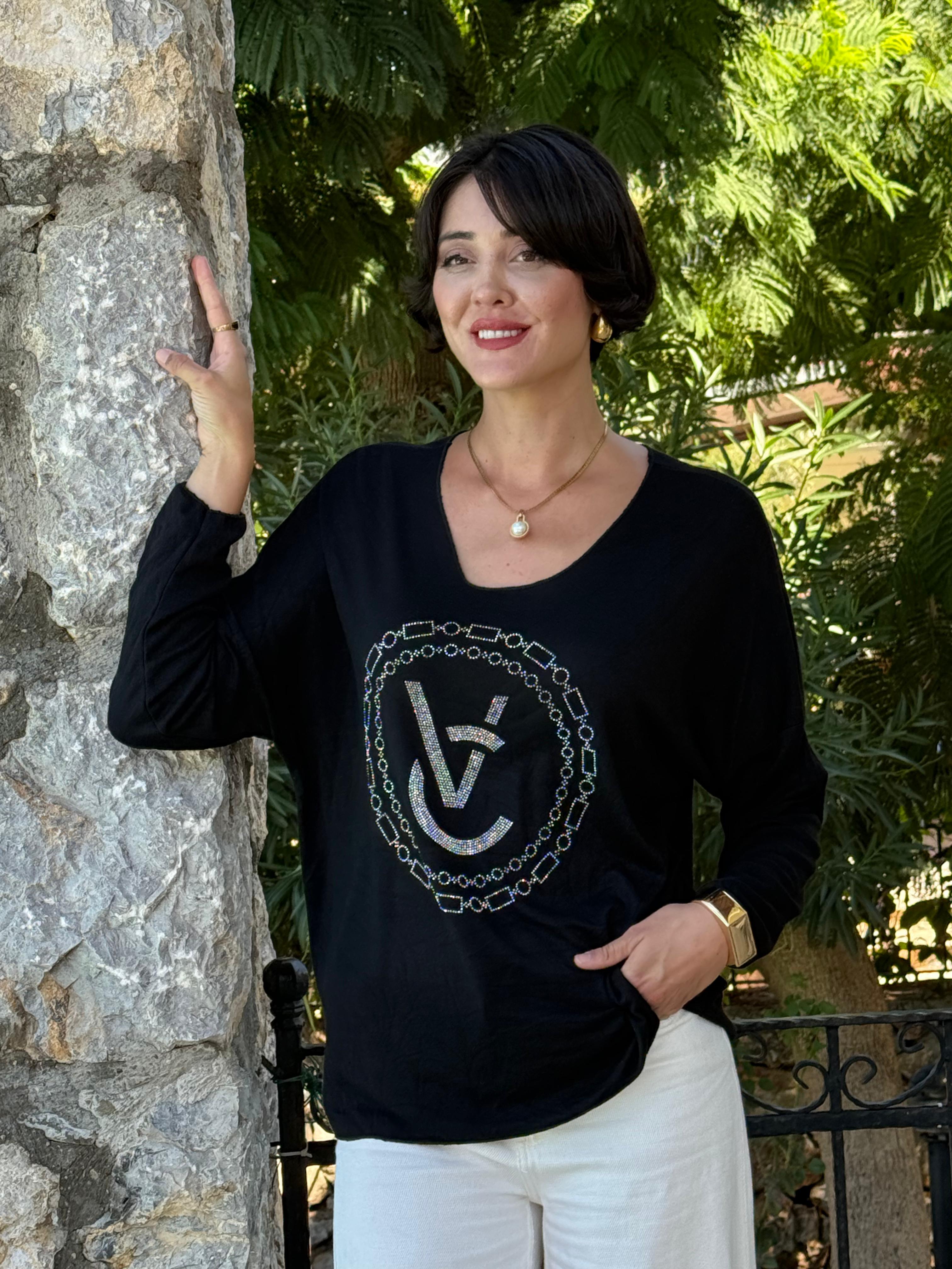 LS82681 İtalyan Taş Baskılı Triko Bluz Siyah