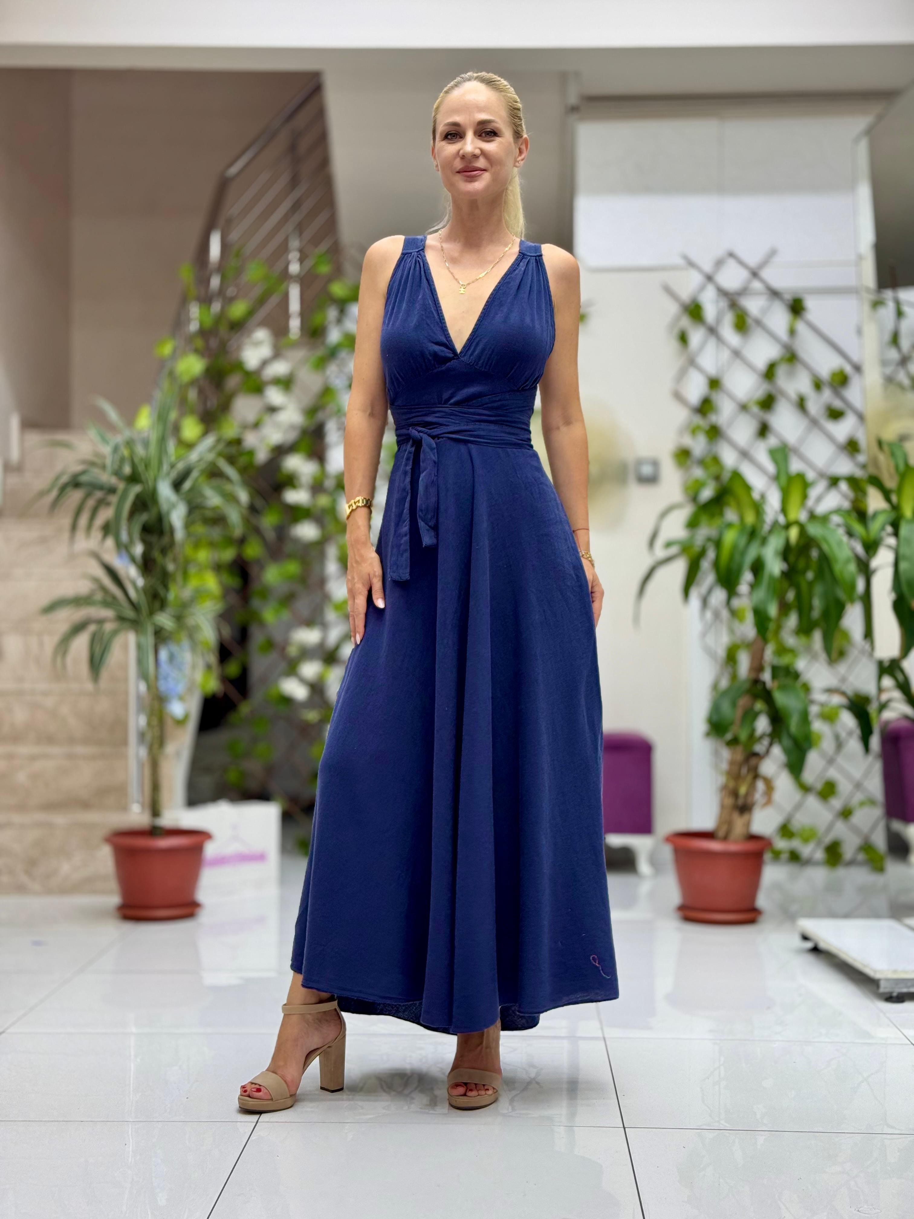 PT25071 Omuz Bağlamalı Belden Kuşaklı Sırtı Açık Coton Elbise Lacivert