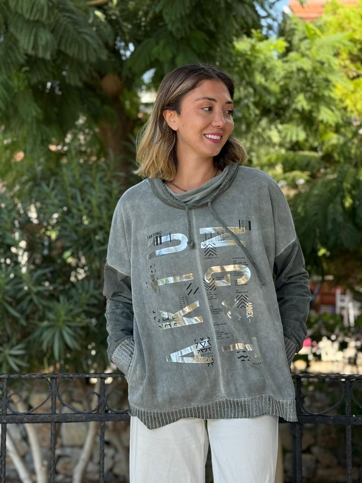 NC53050D İtalyan Yazı Baskılı Cepli Kapüşonlu Coton Sweatshirt Haki